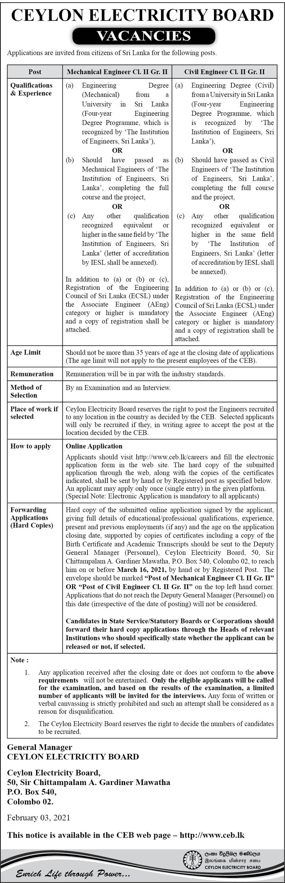 Mechanical Engineer, Civil Engineer - Ceylon Electricity Board