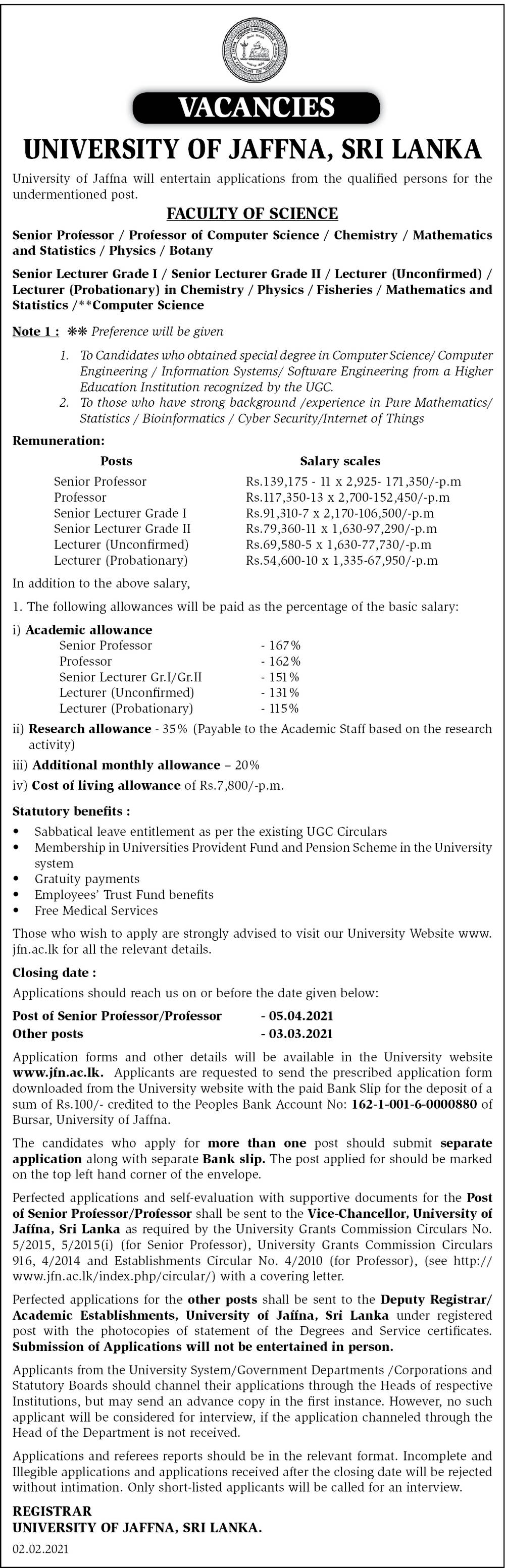 Senior Professor, Professor, Senior Lecturer, Lecturer - University of Jaffna