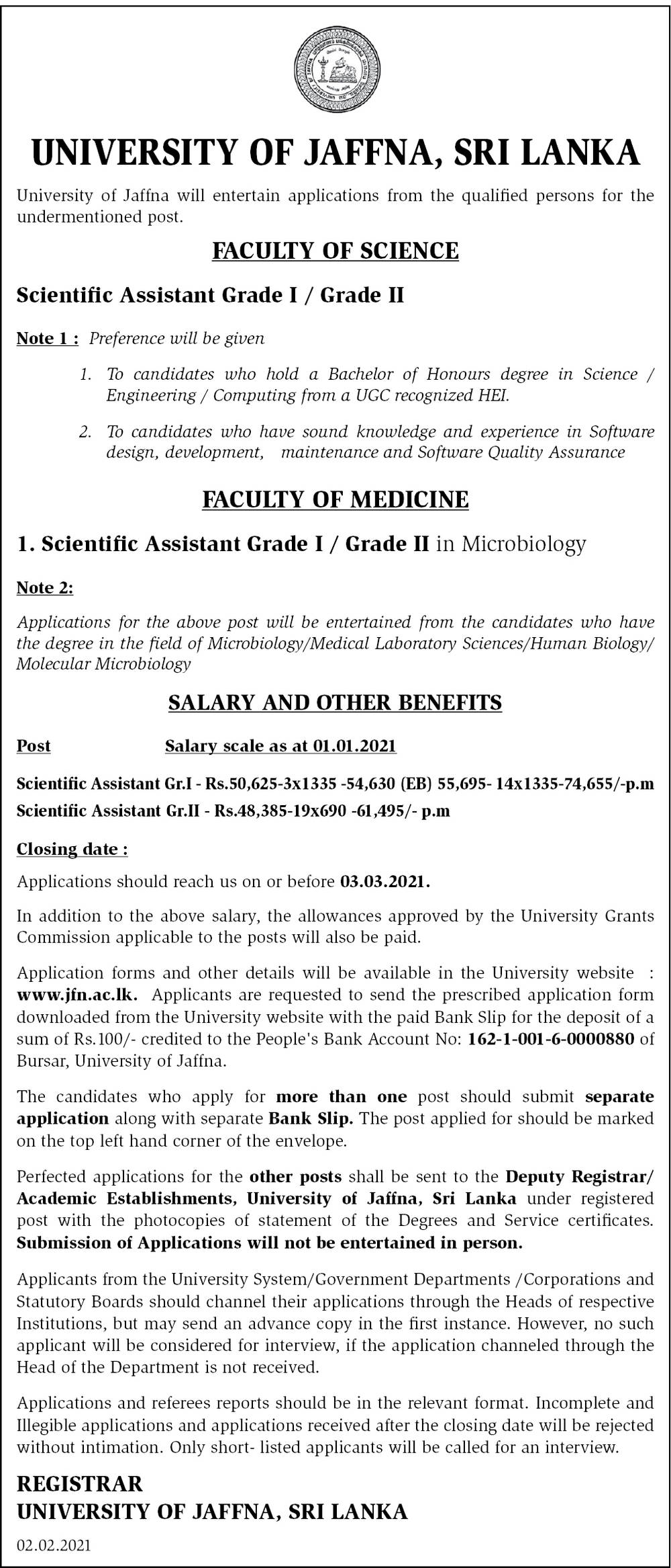 Scientific Assistant - University of Jaffna