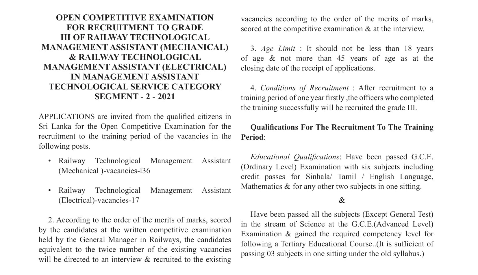 Railway Technological Management Assistant (Mechanical, Electrical) - Sri Lanka Railway Department