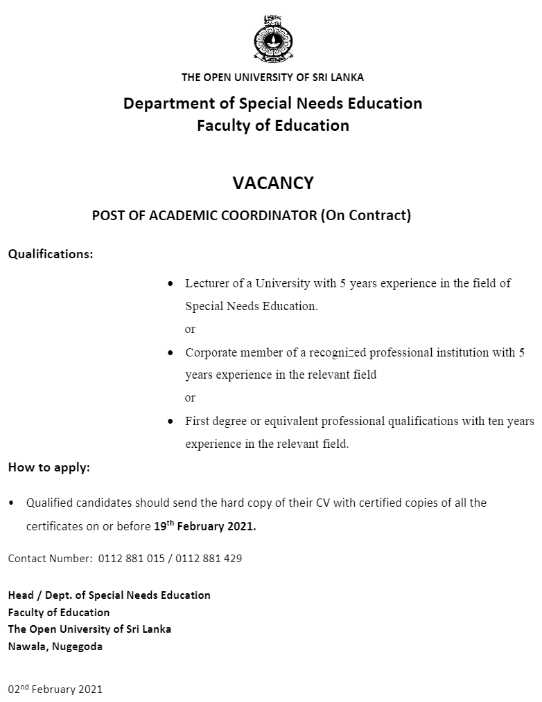 Academic Coordinator - The Open University of Sri Lanka