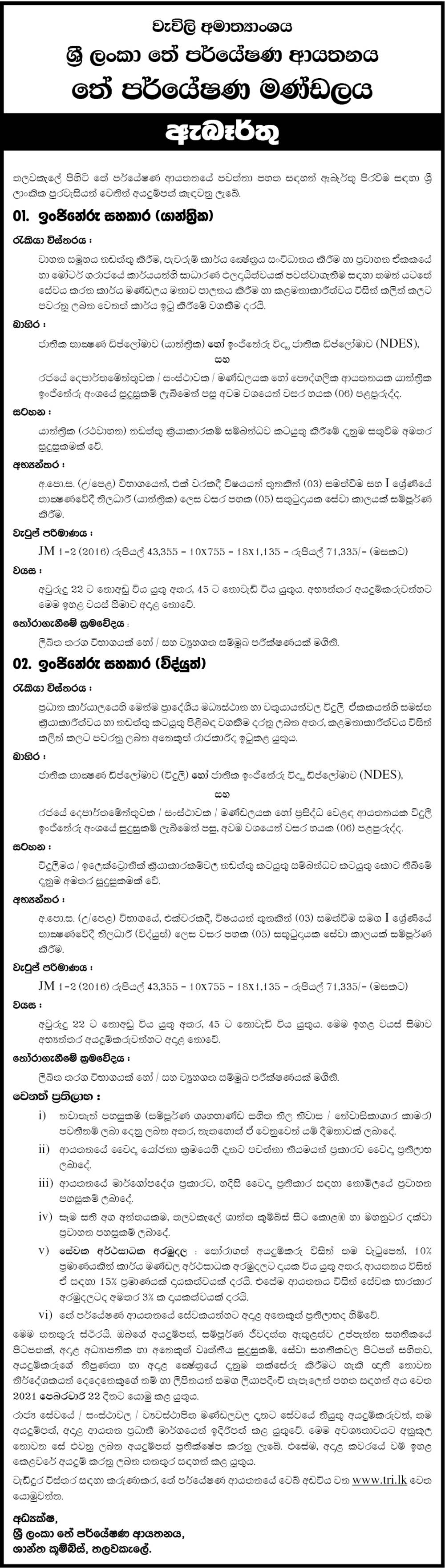 Engineering Assistant (Mechanical, Electrical) - Tea Research Institute of Sri Lanka