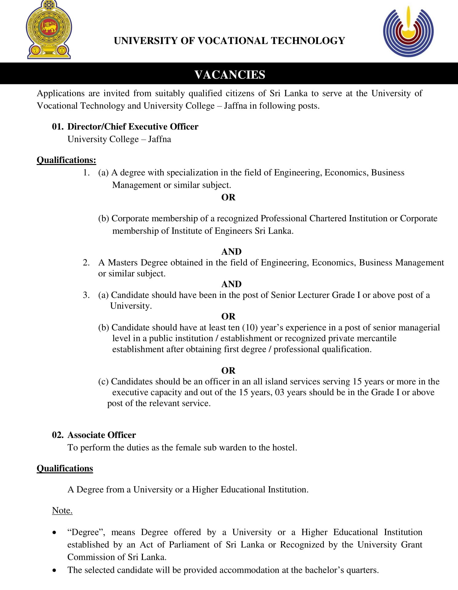 Management Assistant, Demonstrator, Associate Officer, Director/Chief Executive Officer - University of Vocational Technology