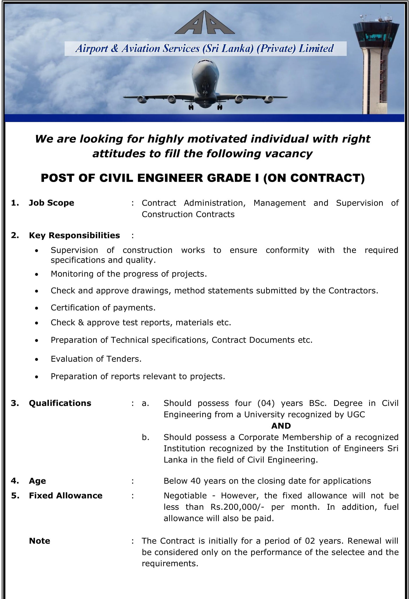 Civil Engineer - Airport & Aviation Services (Sri Lanka) Limited