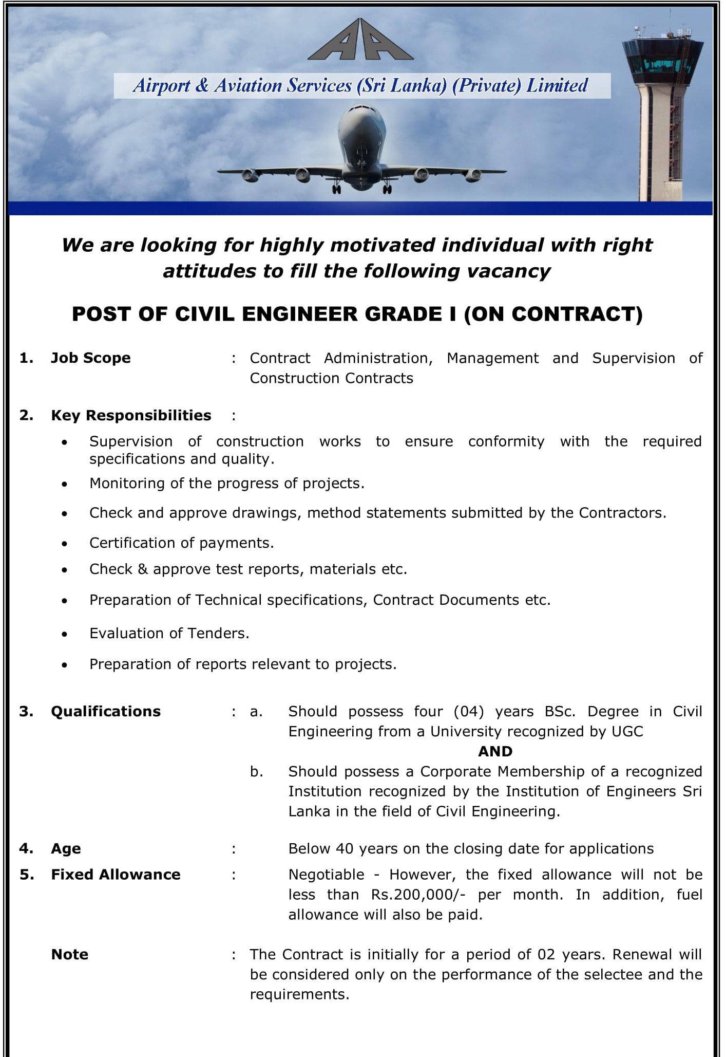 Civil Engineer - Airport & Aviation Services (Sri Lanka) Limited