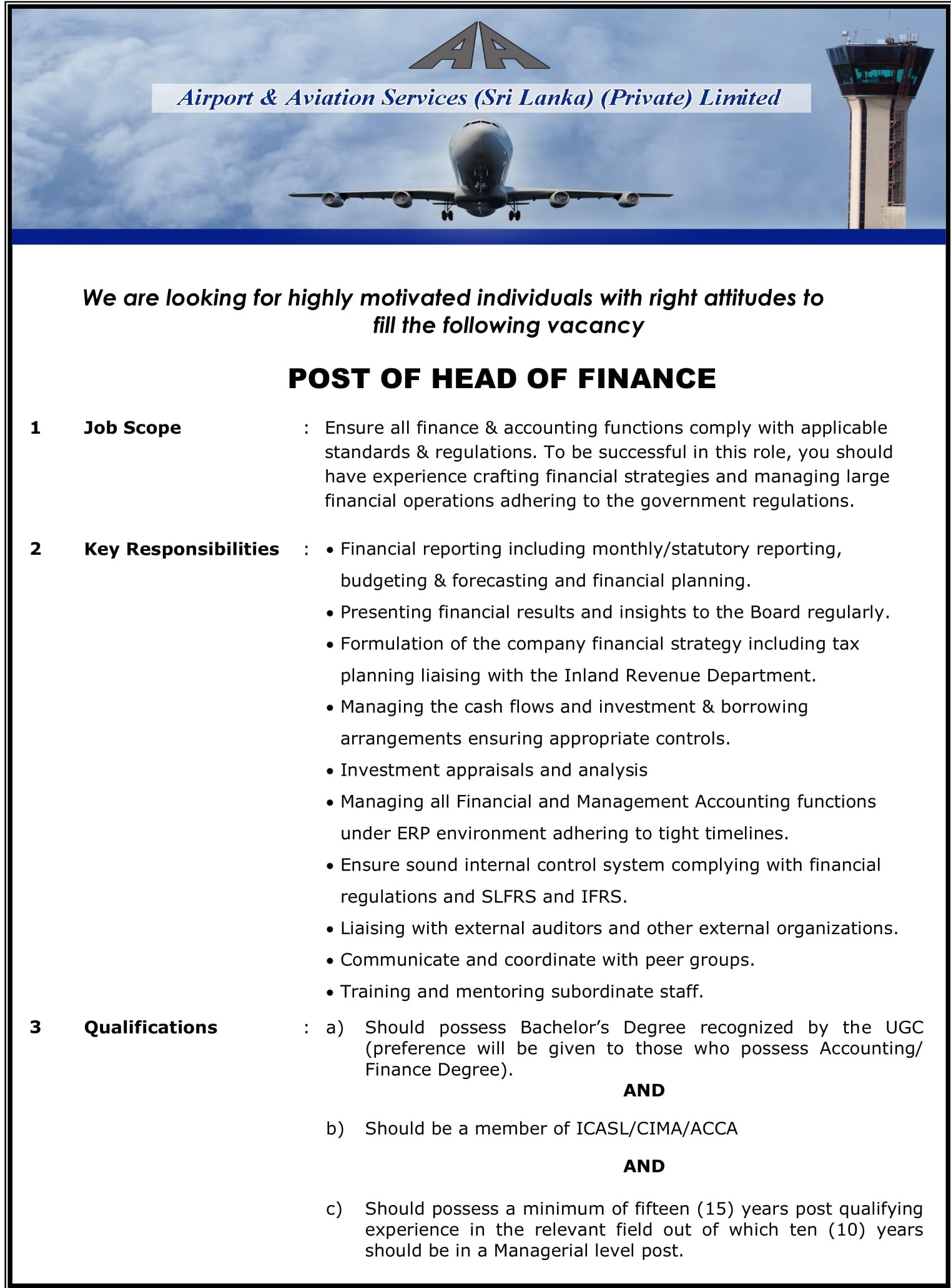 Head of Finance - Airport & Aviation Services (Sri Lanka) Limited