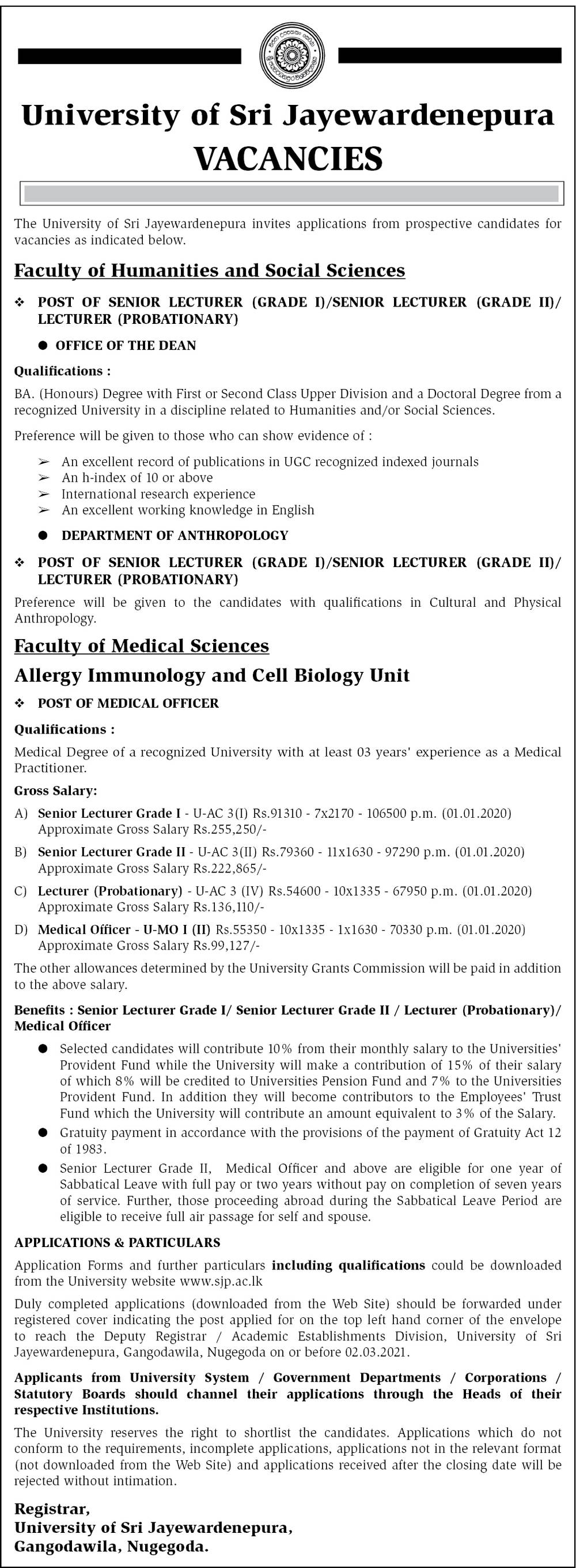 Senior Lecturer, Lecturer, Medical Officer - University of Sri Jayewardenepura