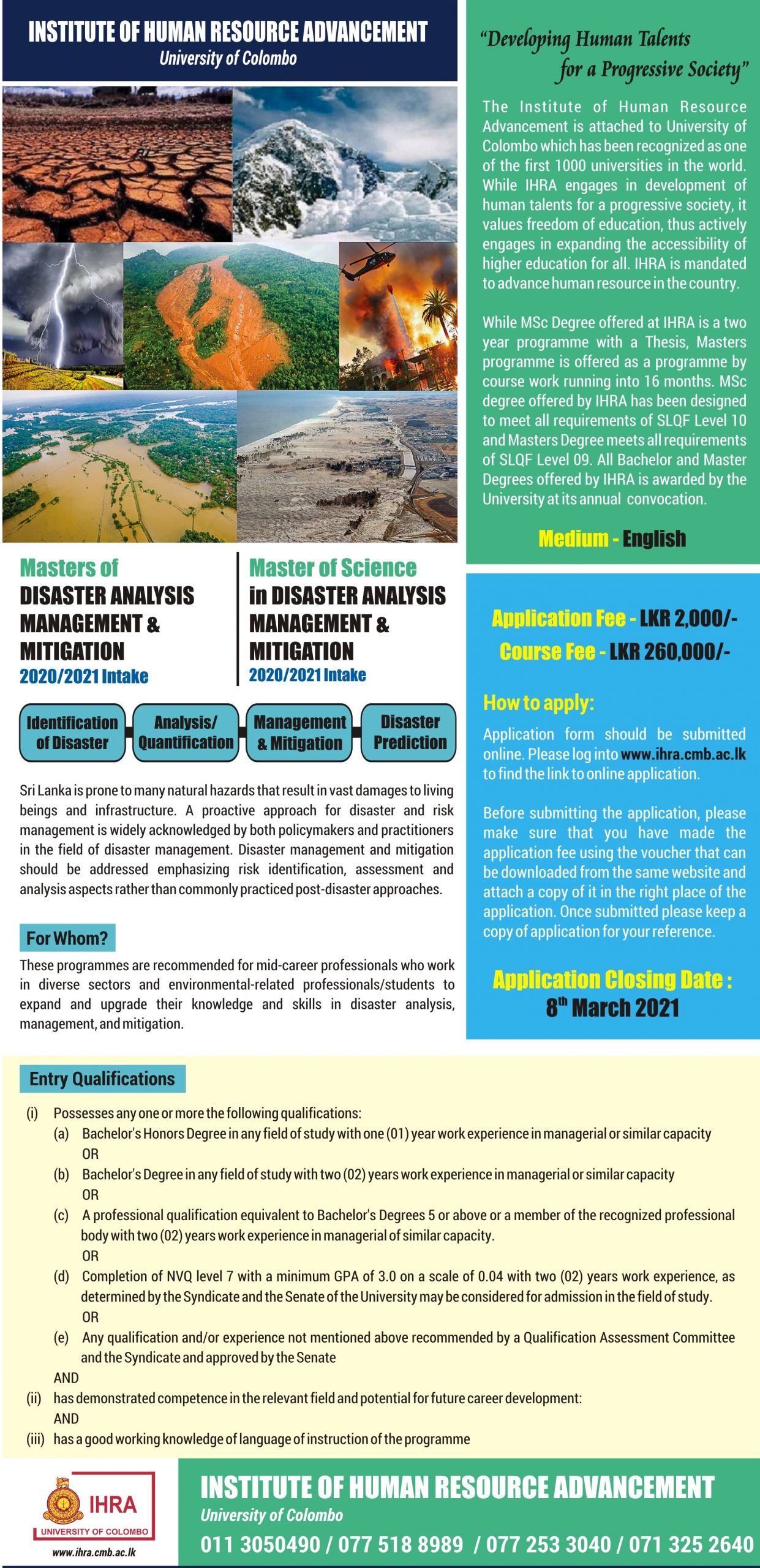 Master of Disaster Analysis Management & Mitigation, Master of Science in Disaster Analysis Management & Mitigation - Institute of Human Resource Advancement - University of Colombo