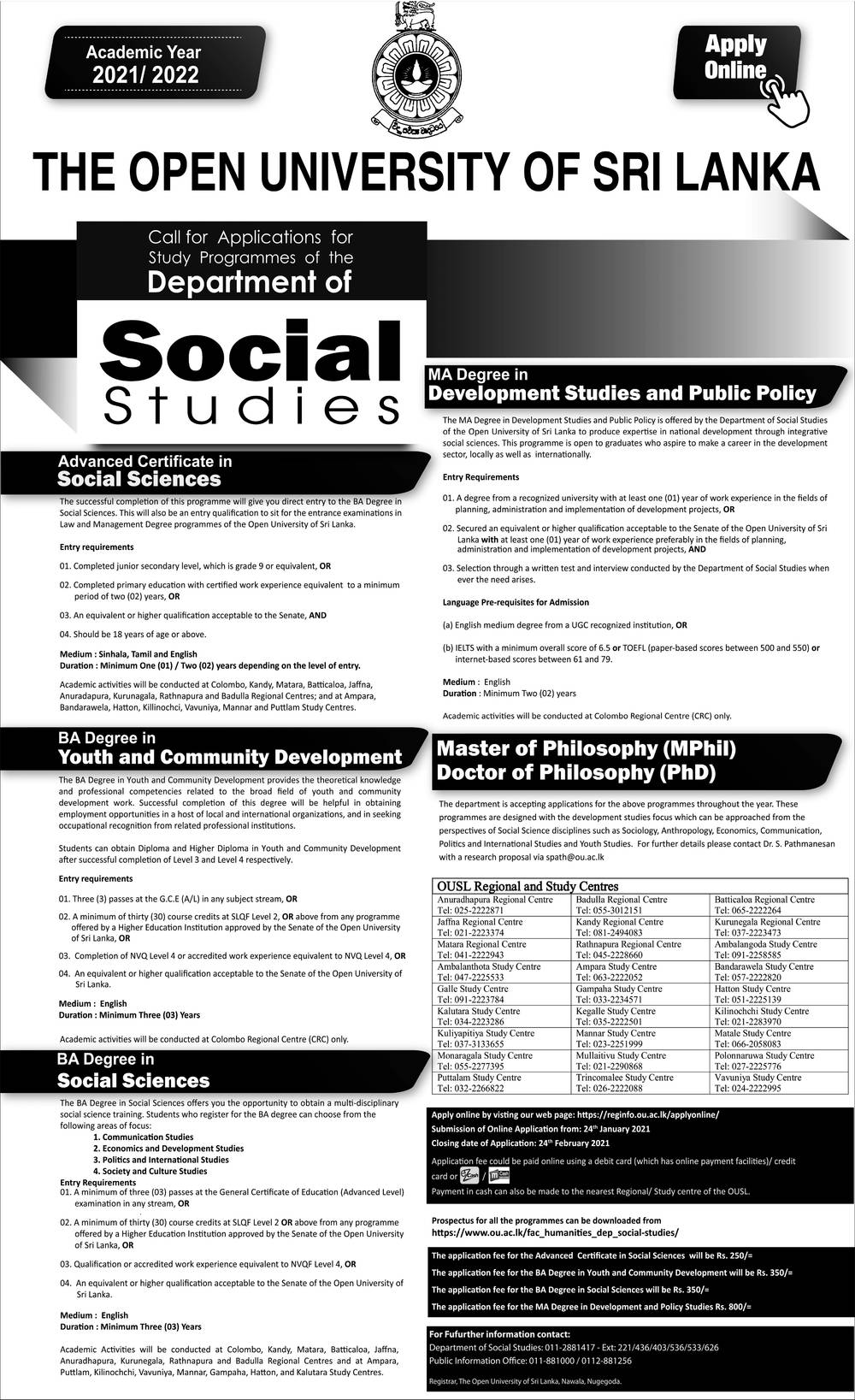 Call for Application for Study Programmes of the Department of Social Studies - The Open University of Sri Lanka