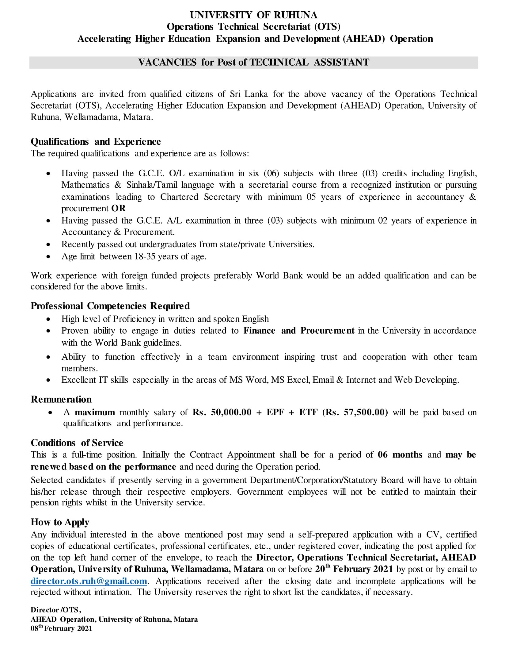  Technical Assistant - University of Ruhuna