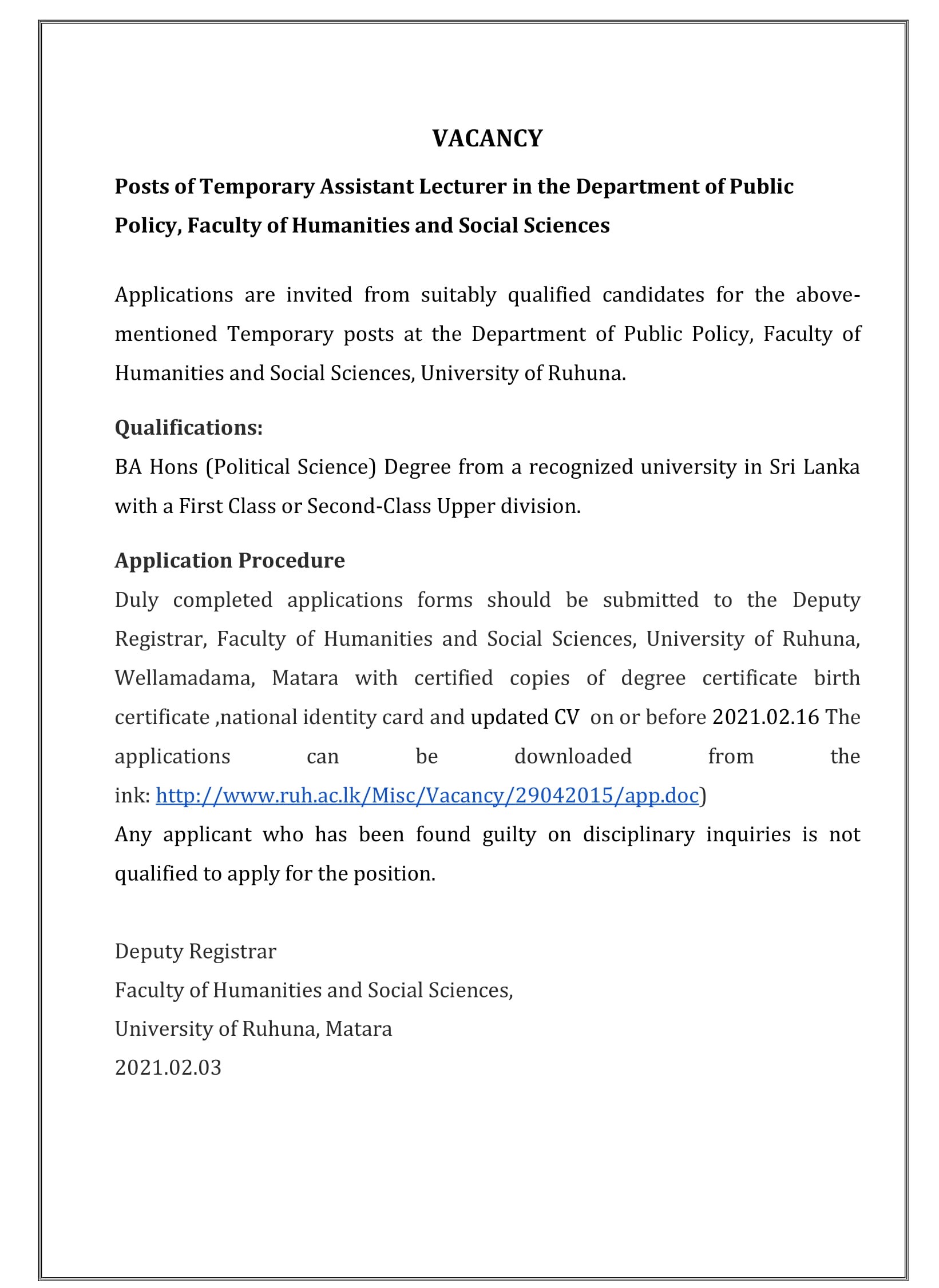 Assistant Lecturer - Faculty of Humanities and Social Sciences - University of Ruhuna