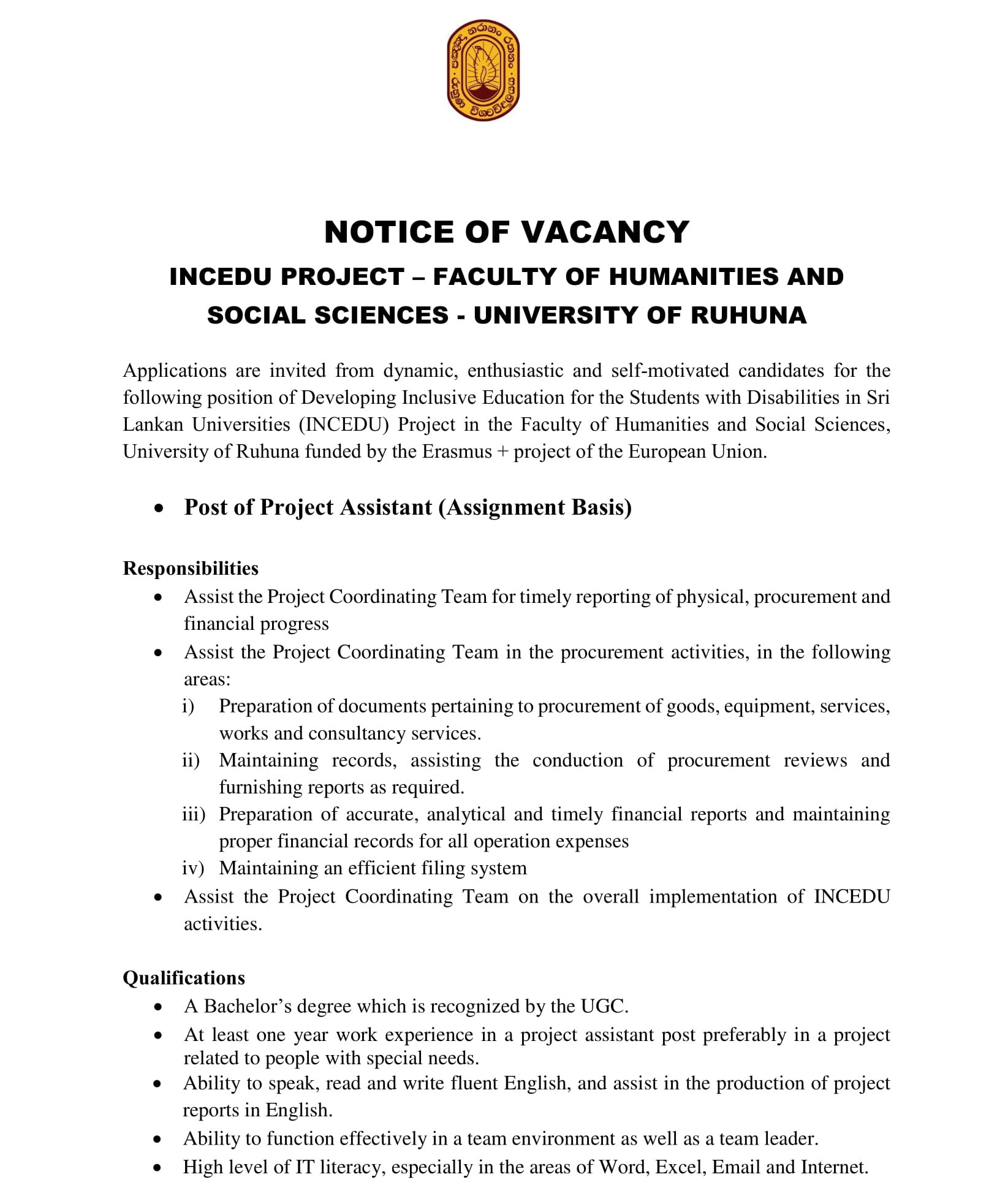 Project Assistant - - Faculty of Humanities and Social Sciences - University of Ruhuna