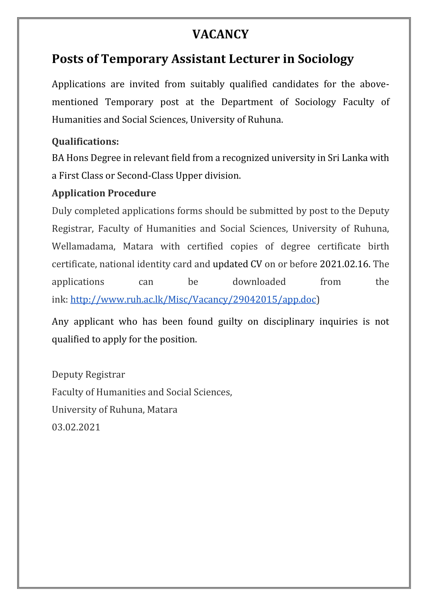 Assistant Lecturer - Faculty of Humanities and Social Sciences - University of Ruhuna