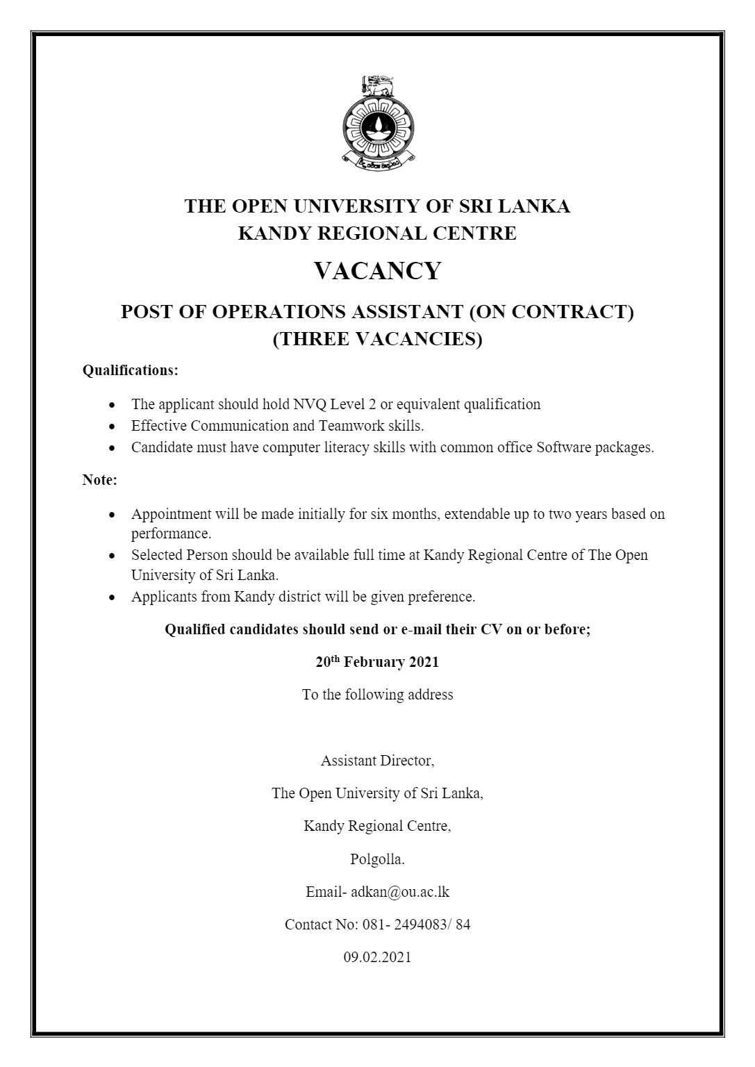 Operations Assistant - Open University of Sri Lanka