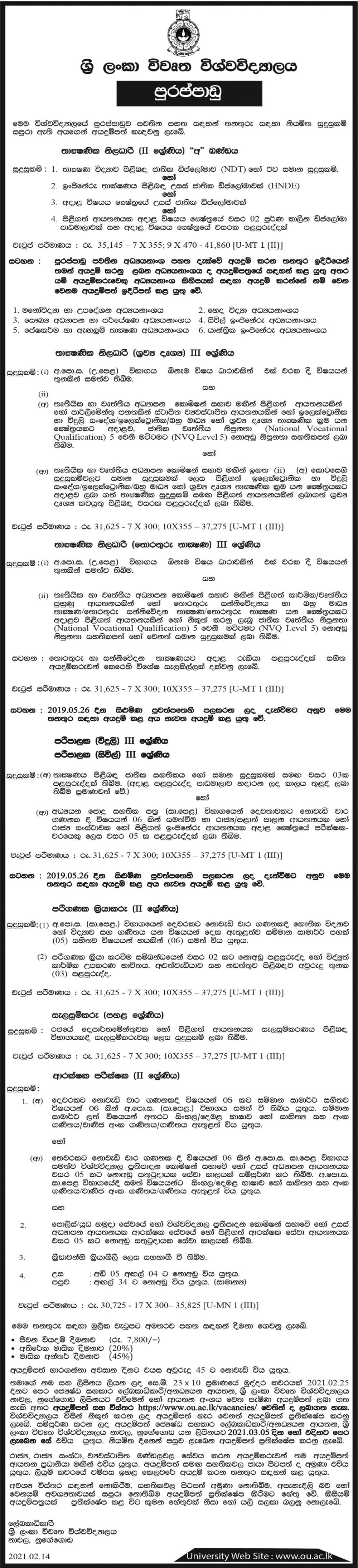 Technical Officer, Administrator, Computer Operator, Draughtsman, Security Inspector - The Open University of Sri Lanka 