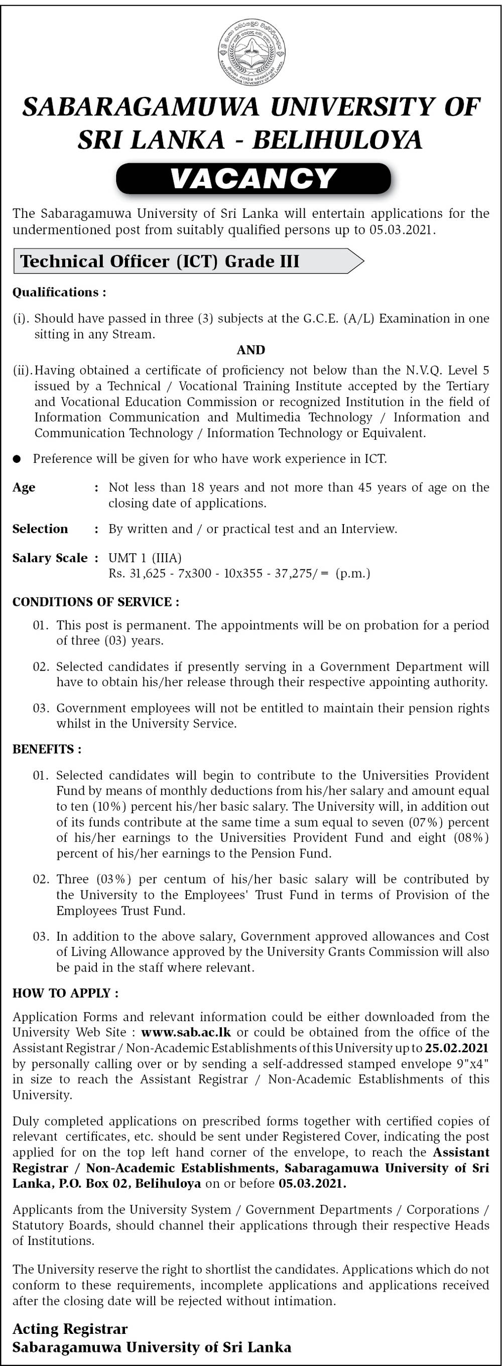 Technical Officer (ICT) - Sabaragamuwa University of Sri Lanka