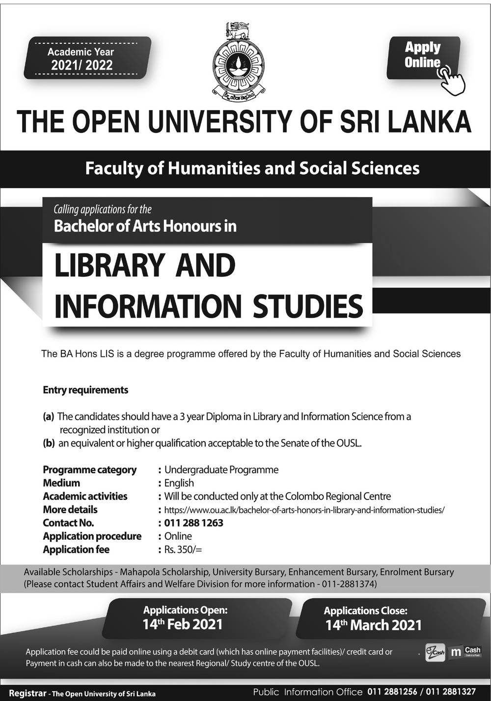 Calling Applications for the Bachelor of Arts Honours in Library & Information Studies - Faculty of Humanities & Social Sciences - The Open University of Sri Lanka