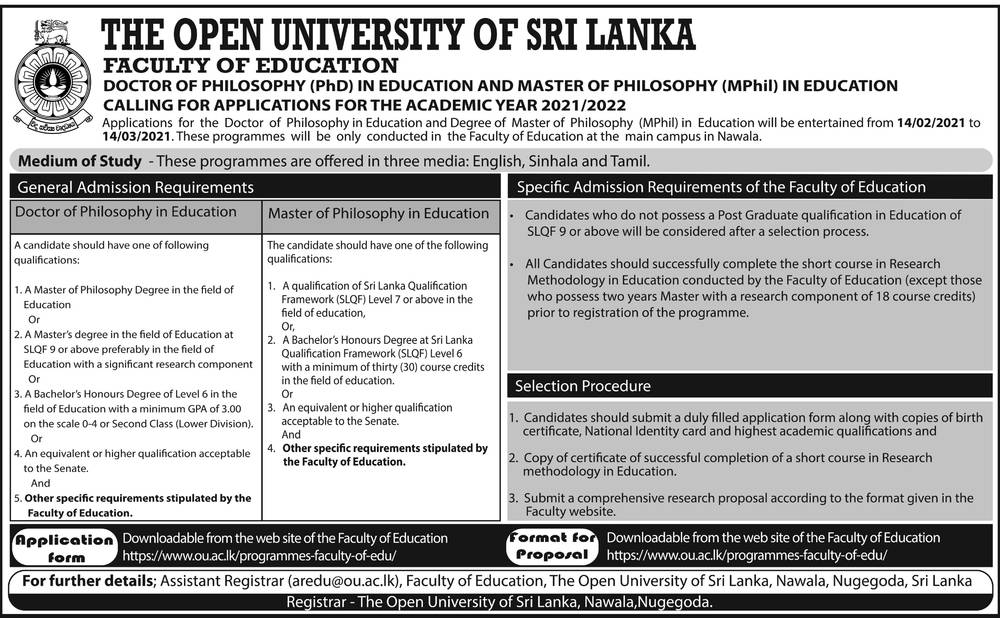 Doctor of Philosophy (PHD) in Education & Master of Philosophy (MPil) in Education Calling Applications for the Academic Year (2021/2022) - Faculty of Education - The Open University of Sri Lanka