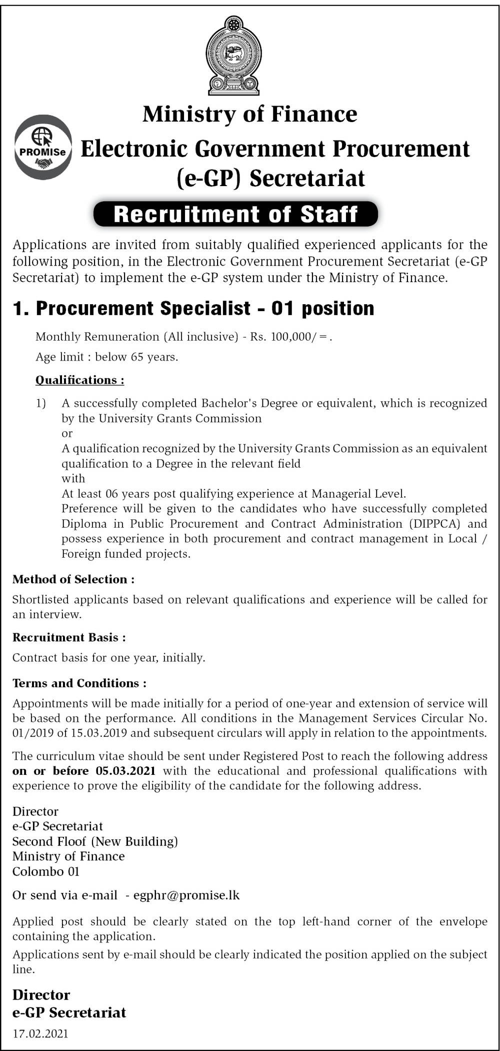  Procurement Specialist - Ministry of Finance