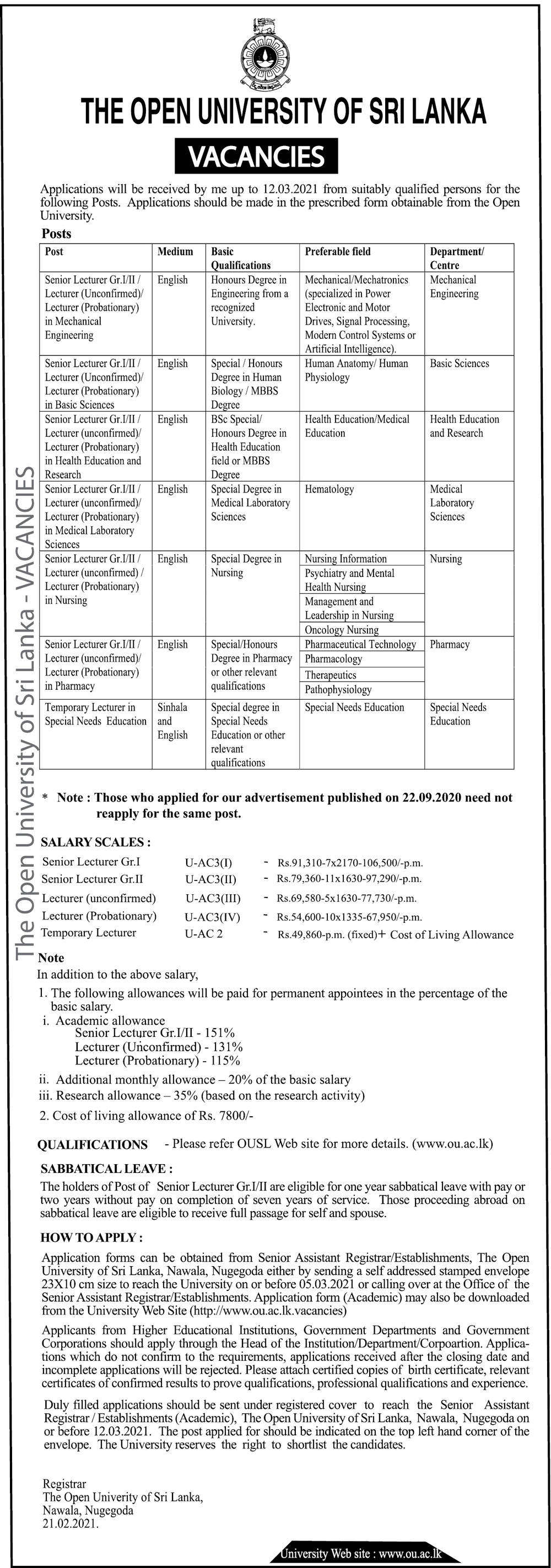 Senior Lecturer, Lecturer - The Open University of Sri Lanka