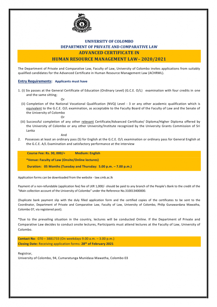 Advanced Certificate in Human Resource Management Law (2020/2021) - Department of Private & Comparative Law - University of Colombo