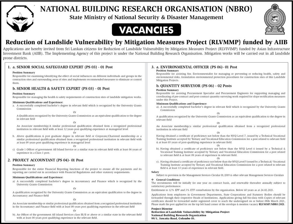 Senior Social Safeguard Expert, Senior Health Safety Expert, Project Accountant, Environmental Officer, Quantity Surveyor - National Building Research Origination