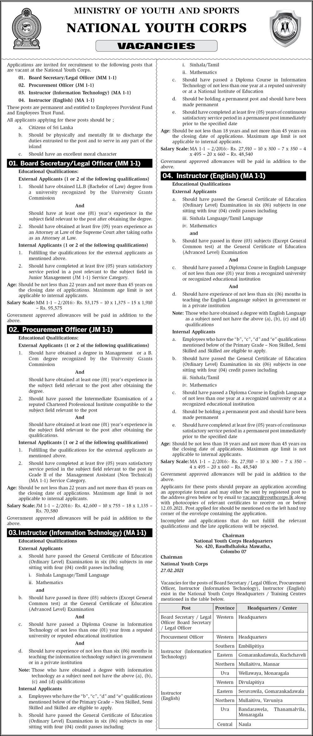 Board Secretary/Legal Officer, Procurement Officer, Instructor (Information Technology, English) - National Youth Corps