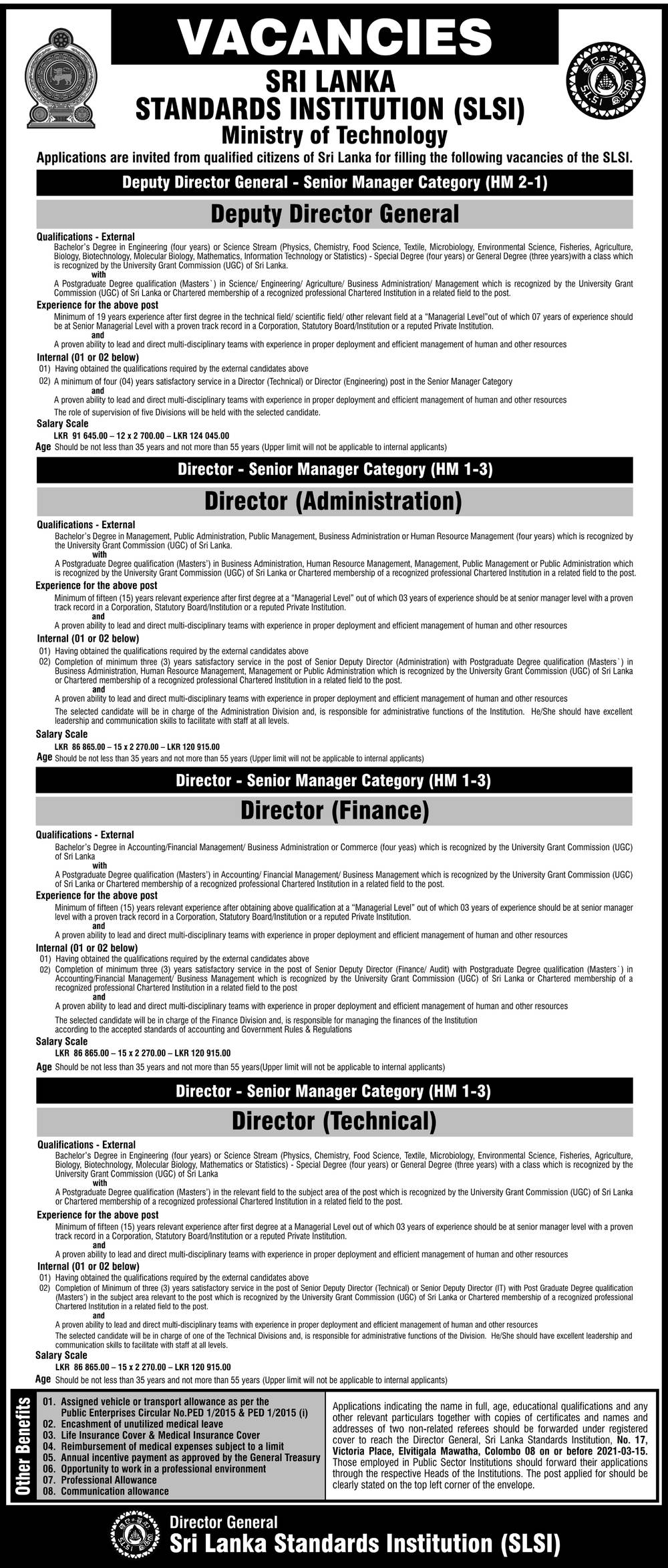 Deputy Director General, Director (Administration, Finance, Technical) - Sri Lanka Standards Institution 