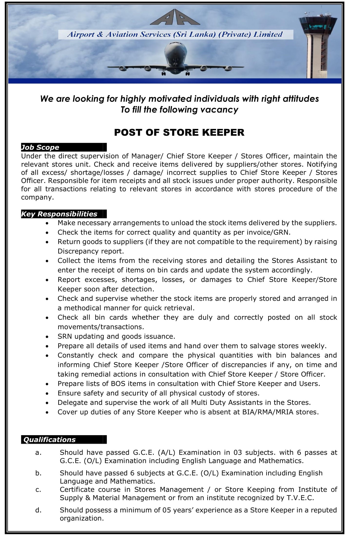 Store Keeper - Airport & Aviation Services (Sri Lanka) (Private) Limited