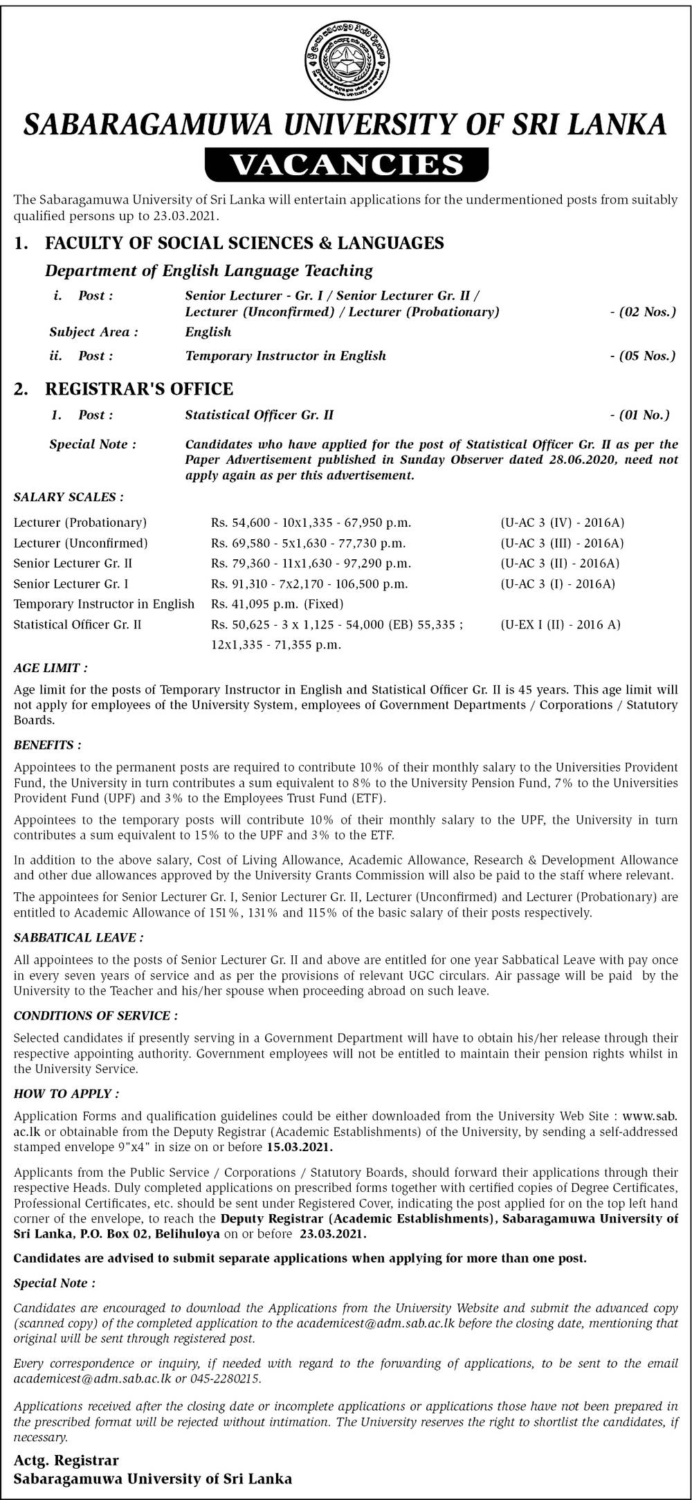 Lecturer, Senior Lecturer Instructor, Statistical Officer - Sabaragamuwa University of Sri Lanka