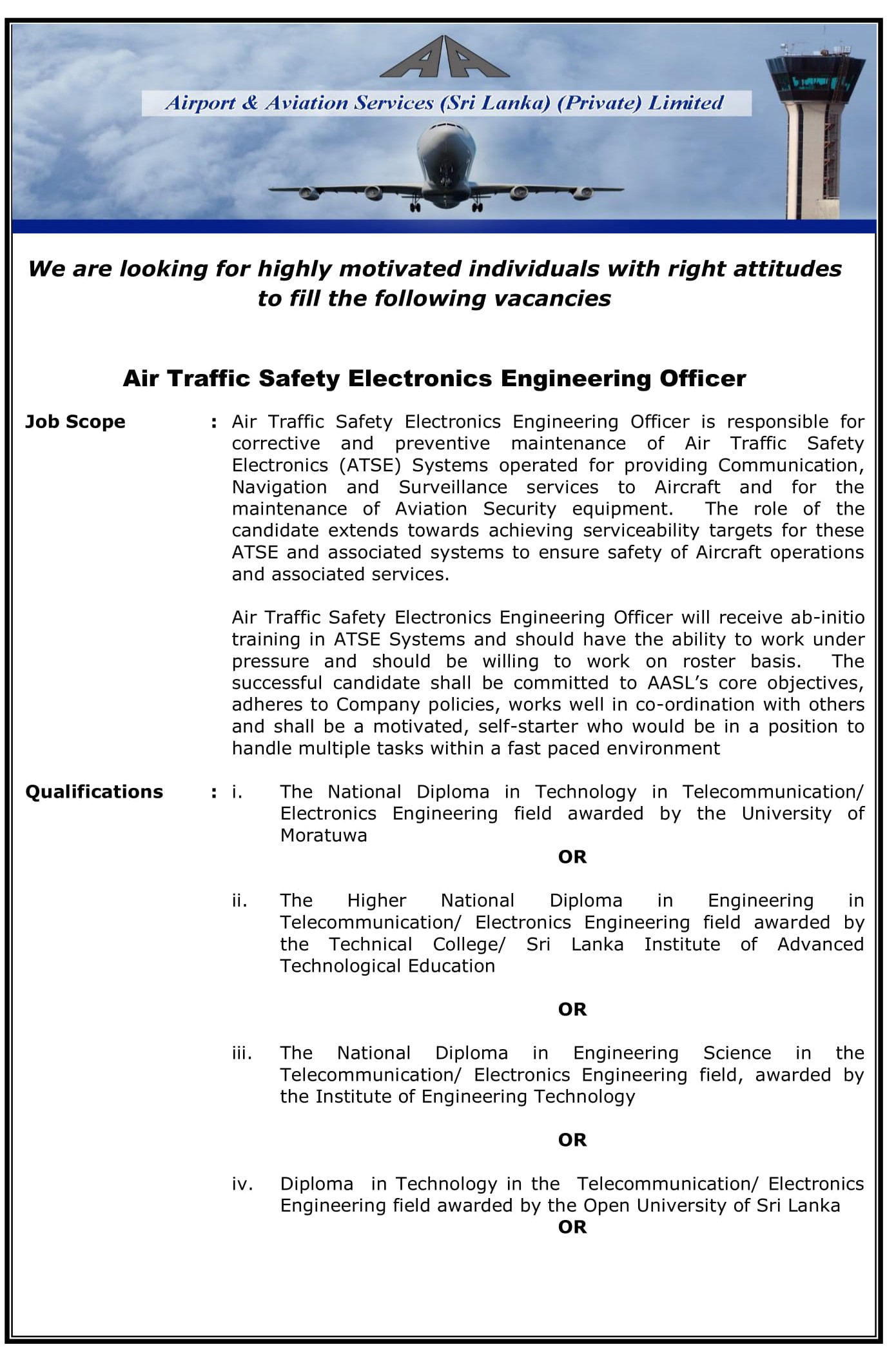 Air Traffic Safety Electronics Engineering Officer - Airport & Aviation Services (Sri Lanka) (Private) Limited