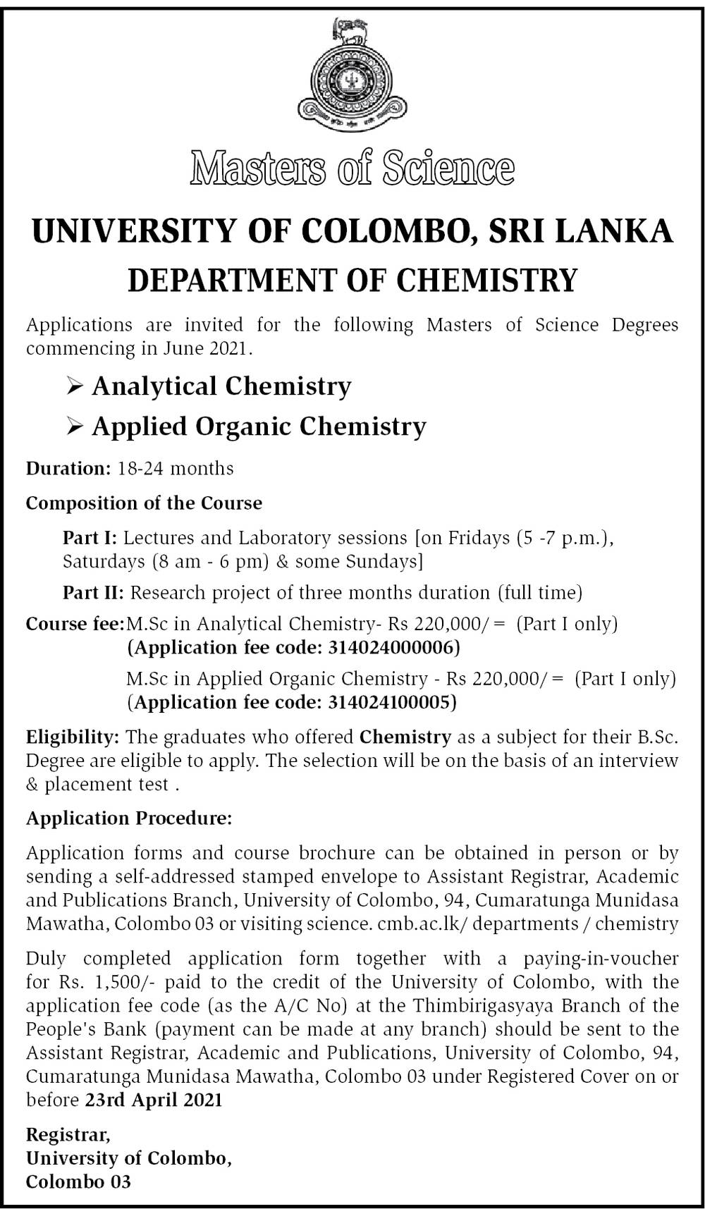 Analytical Chemistry Course, Applied Organic Chemistry Course - Masters of Science - University of Colombo 