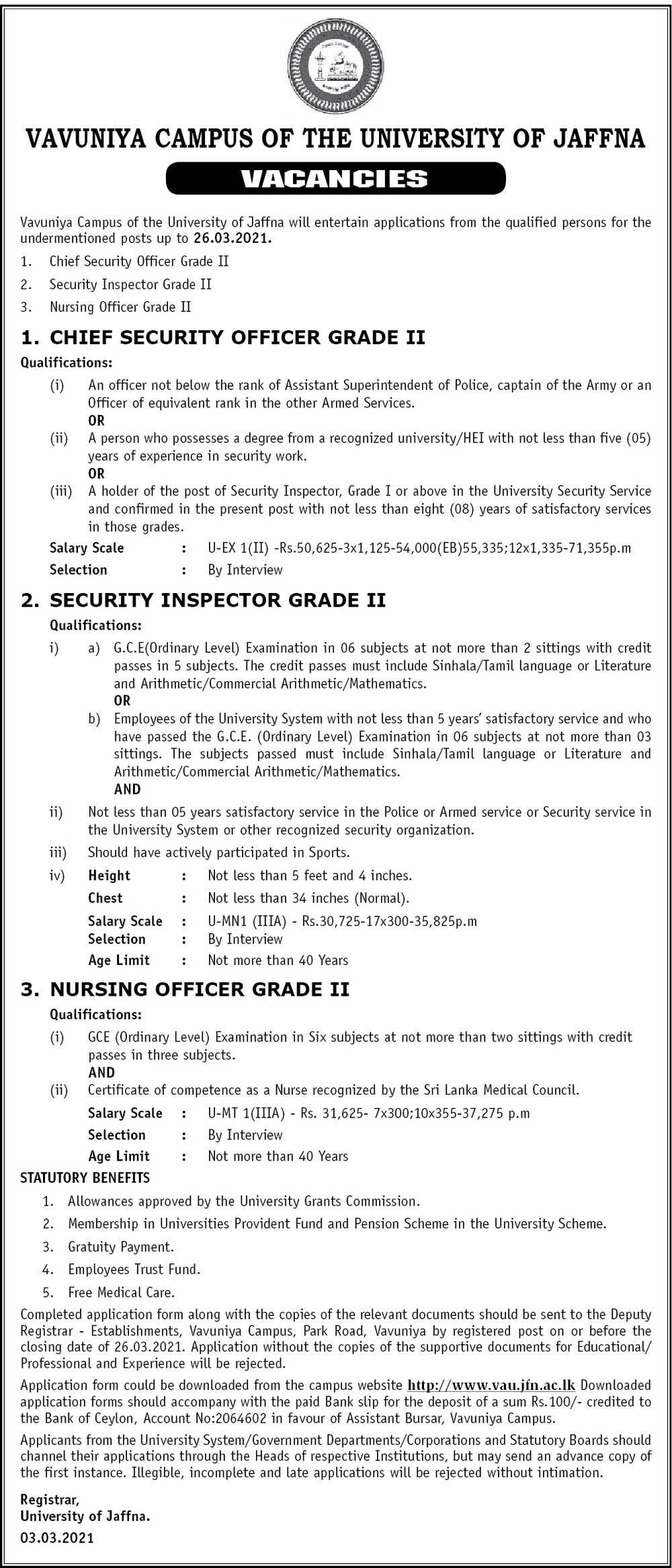 Chief Security Officer, Security Inspector, Nursing Officer - Vavuniya Campus of the University of Jaffna  