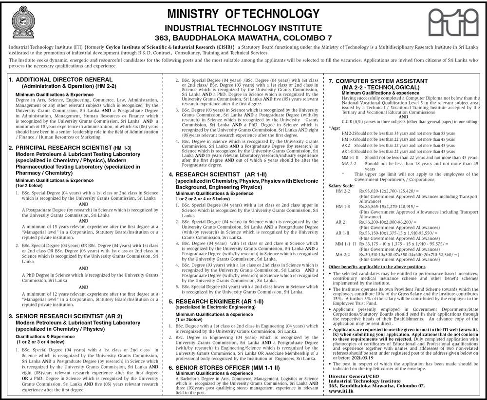 Additional Director General, Principal Research Scientist, Senior Research Scientist, Research Scientist, Research Engineer, Senior Stores Officer, Computer System Assistant - Industrial Technology Institute  