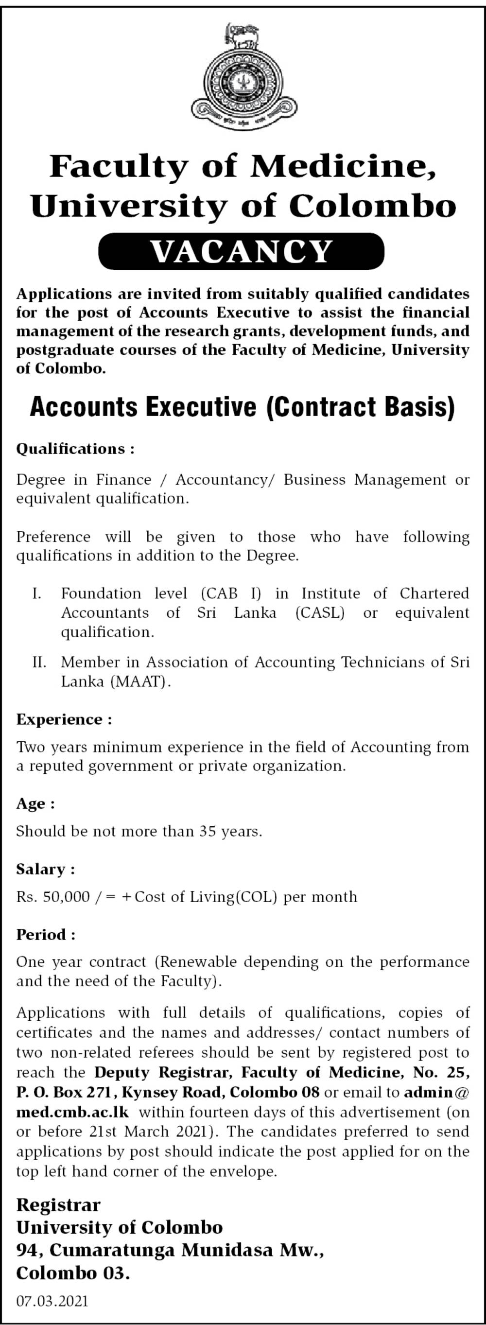 Accounts Executive - Faculty of Medicine - University of Colombo