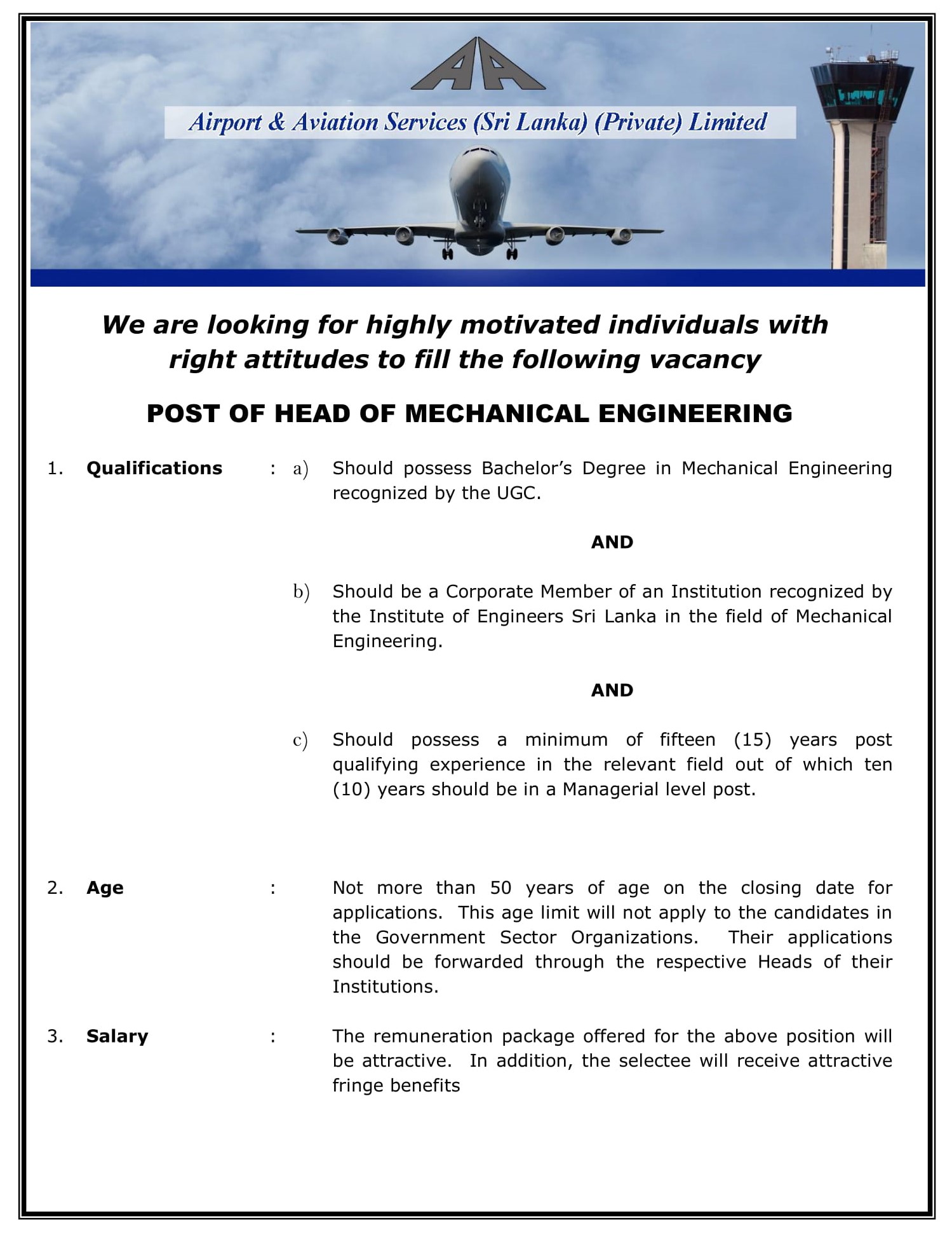 Head of Mechanical Engineering - Airport & Aviation Services (Sri Lanka) (Private) Limited