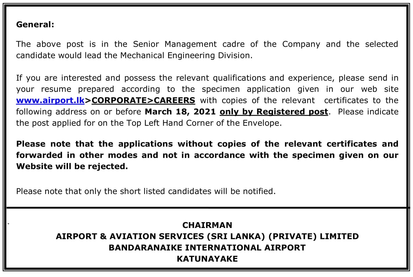 Head of Mechanical Engineering - Airport & Aviation Services (Sri Lanka) (Private) Limited