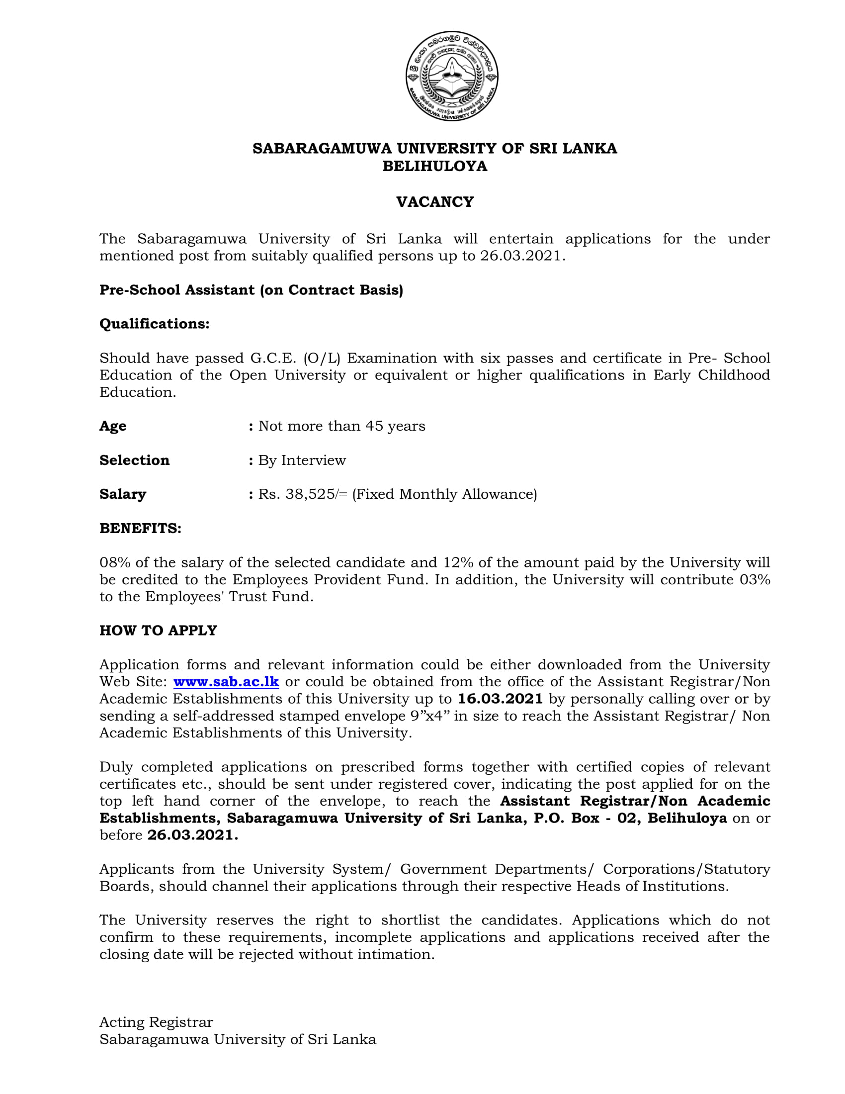 Pre School Assistant - Sabaragamuwa University of Sri Lanka