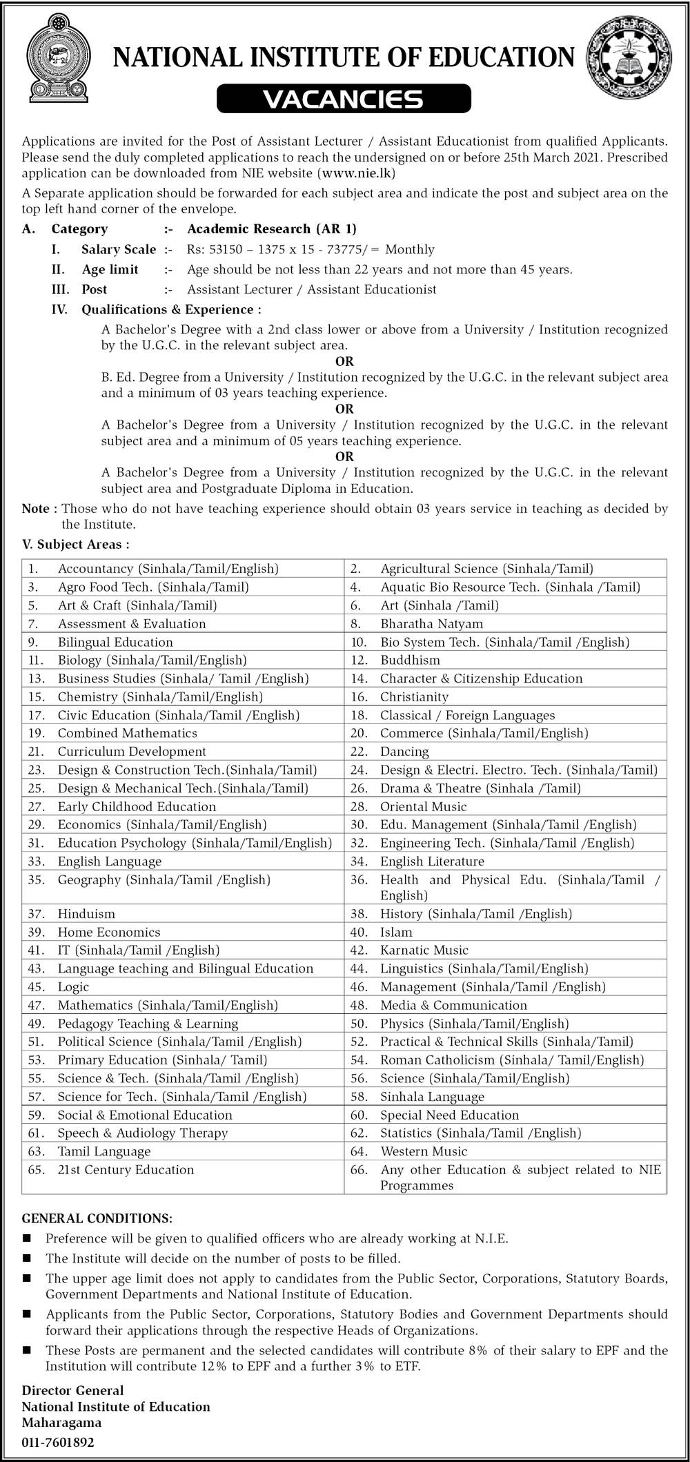 Assistant Lecturer, Assistant Educationist - National Institute of Education