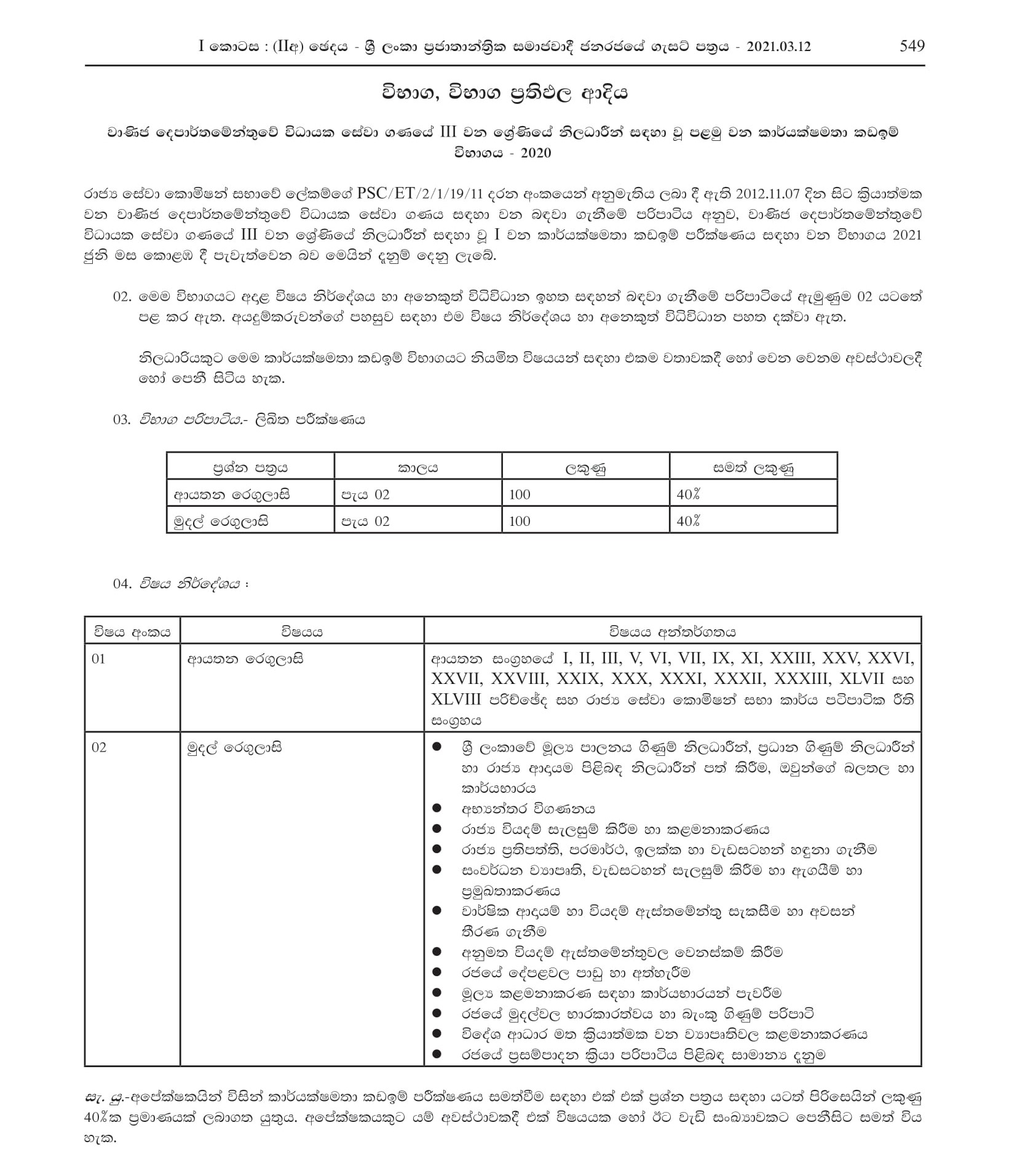 First Efficiency Bar Examination for Officers in Grade III of Executive Service Category of Department of Commerce - 2020