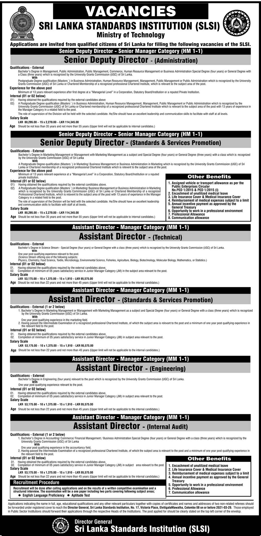 Senior Deputy Director, Assistant Director - Sri Lanka Standards Institution