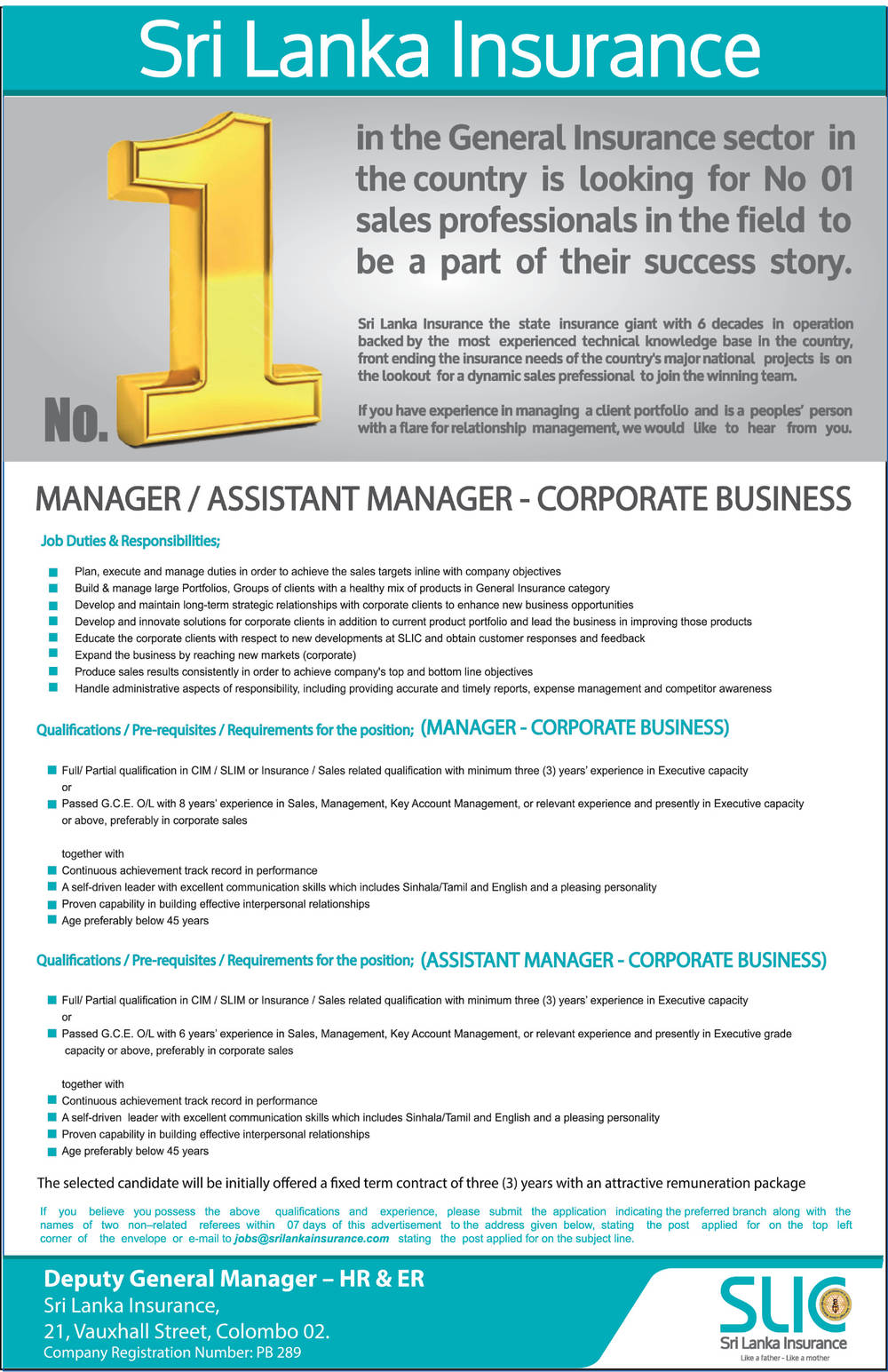 Manager, Assistant Manager - Sri Lanka Insurance