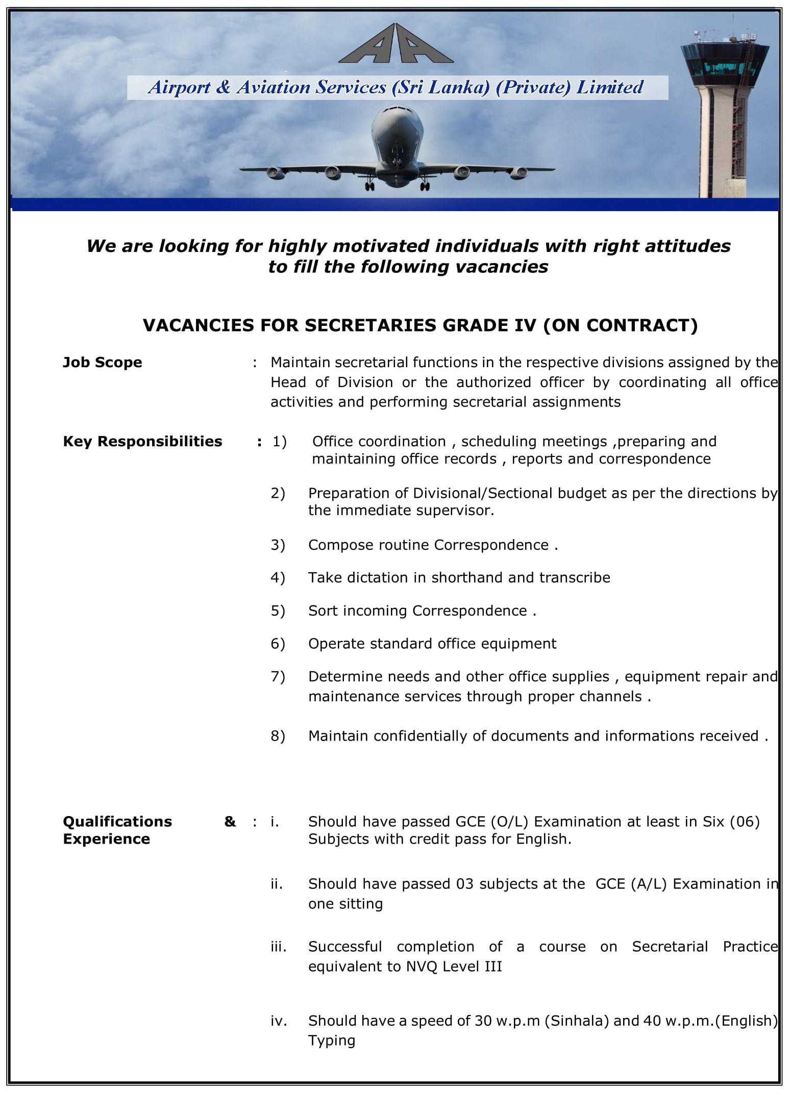 Secretary, Internal Auditor - Airport & Aviation Services (Sri Lanka) (Private) Limited