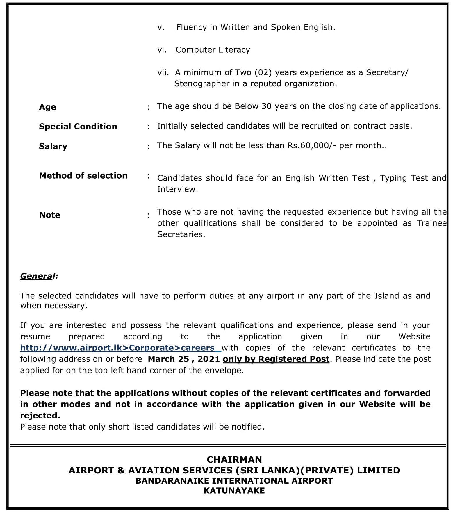 Secretary, Internal Auditor - Airport & Aviation Services (Sri Lanka) (Private) Limited