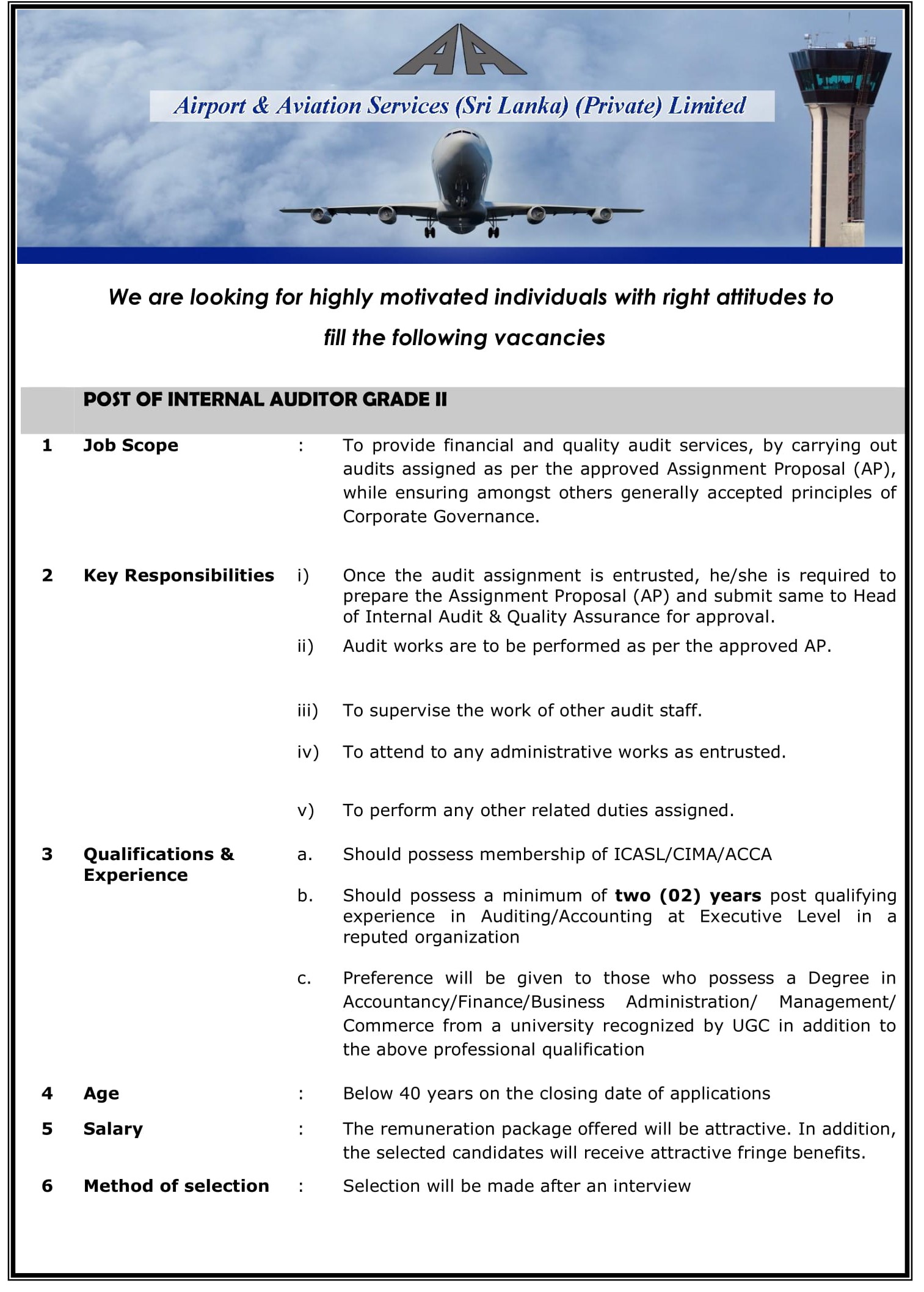 Secretary, Internal Auditor - Airport & Aviation Services (Sri Lanka) (Private) Limited