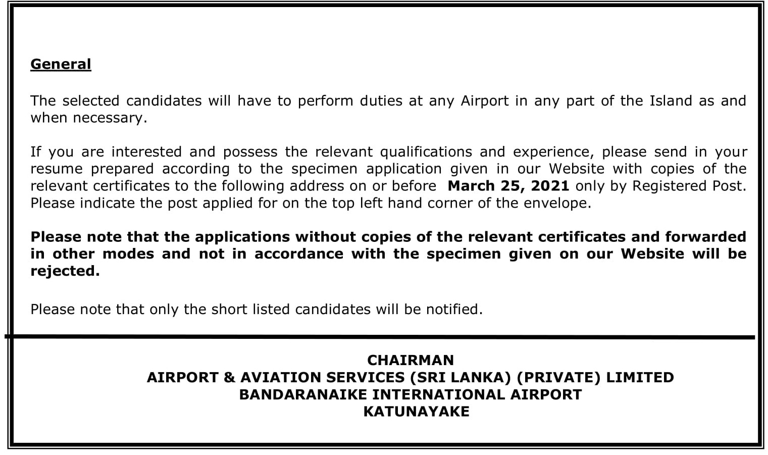 Secretary, Internal Auditor - Airport & Aviation Services (Sri Lanka) (Private) Limited