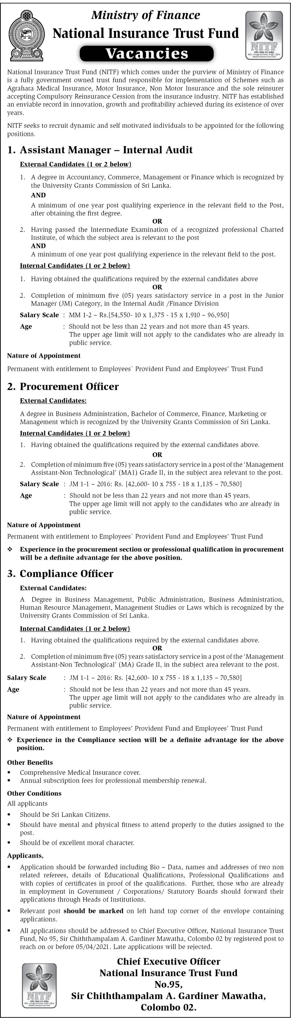 Assistant Manager, Procurement Officer, Compliance Officer - National Insurance Trust Fund