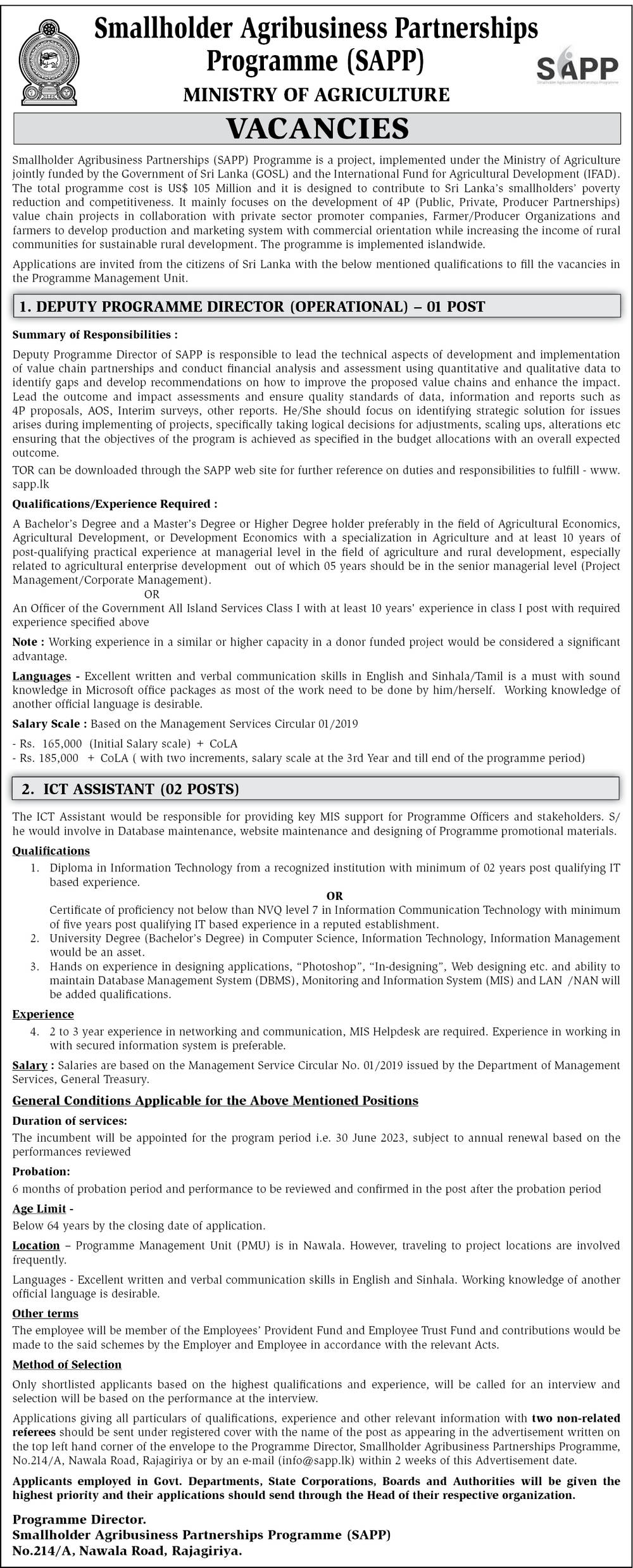 Deputy Programme Director, ICT Assistant - Ministry of Agriculture