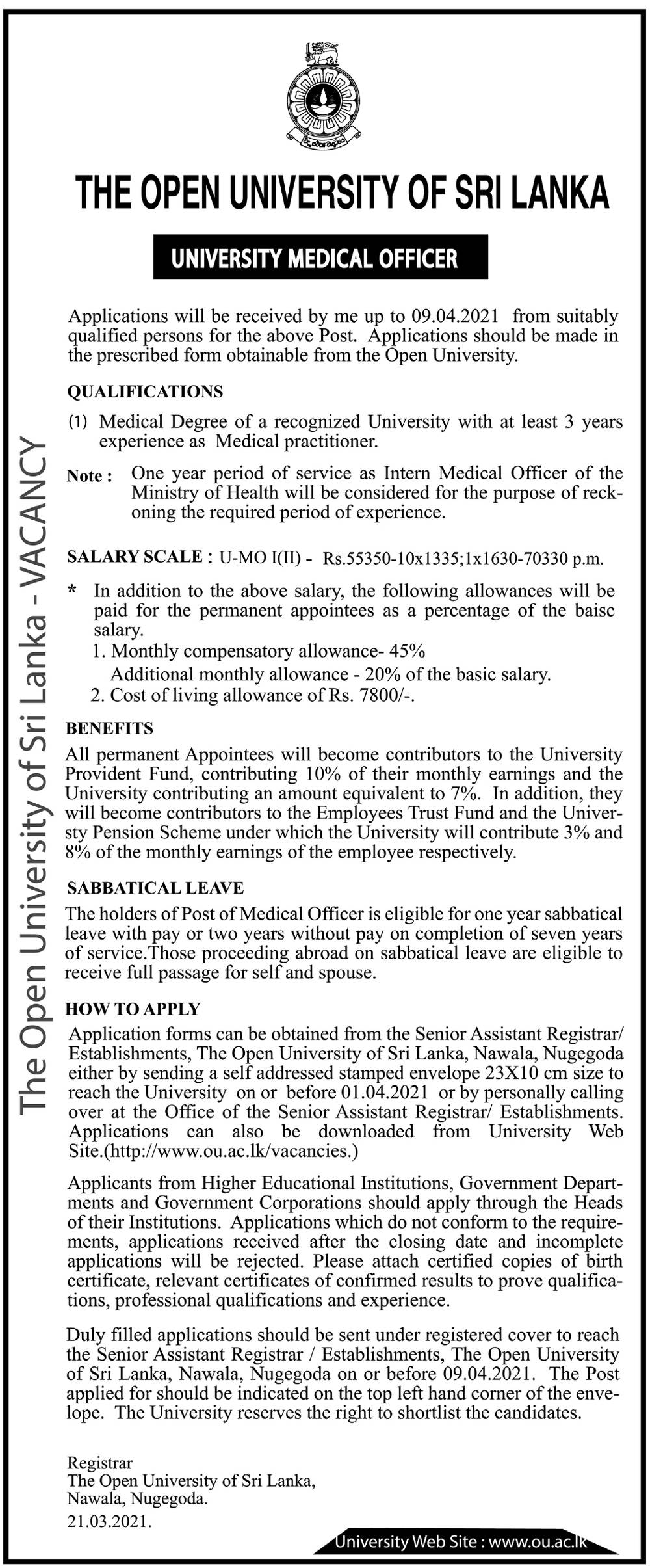 University Medical Officer - The Open University of Sri Lanka