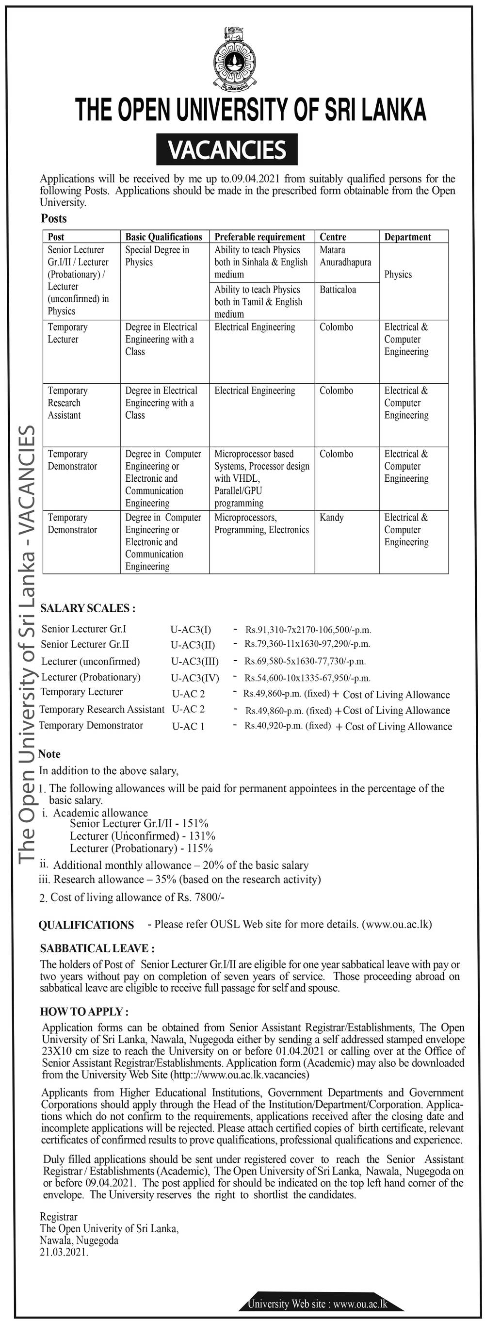 Senior Lecturer, Lecturer, Research Assistant, Demonstrator - The Open University of Sri Lanka